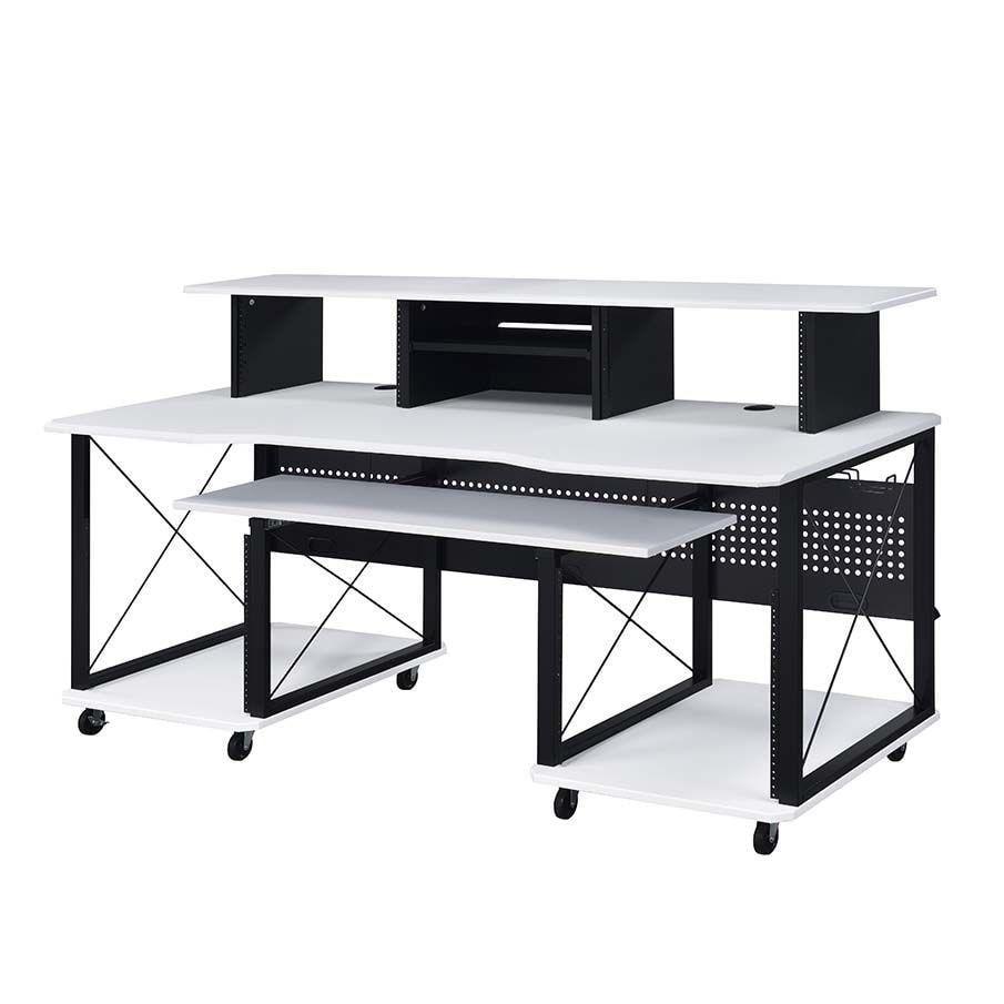 72" Megara Desks White and Black Finish - Acme Furniture: Metal Frame, Wood Surface, Open Storage Shelf