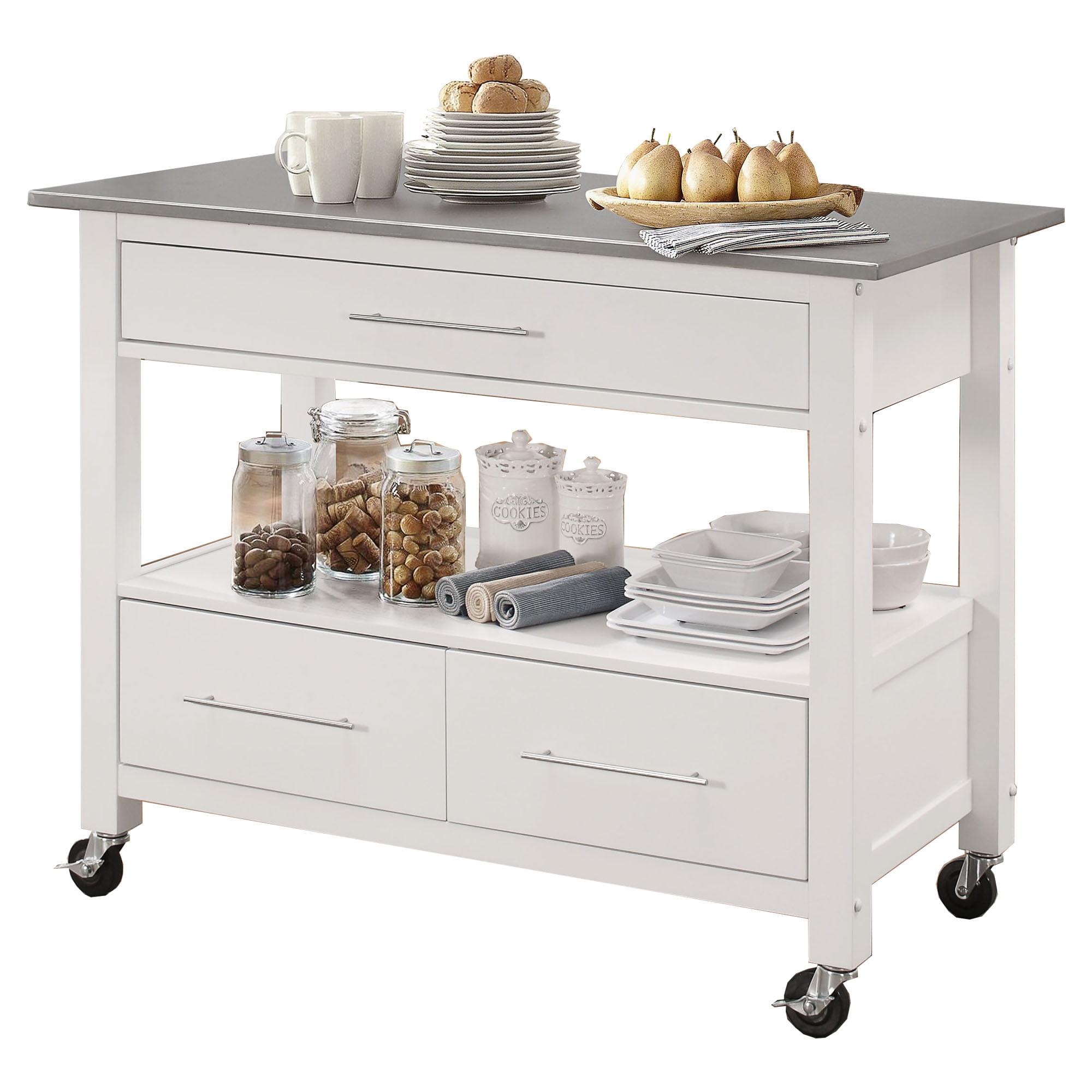 Ottawa White and Gray Stainless Steel Kitchen Cart with Storage