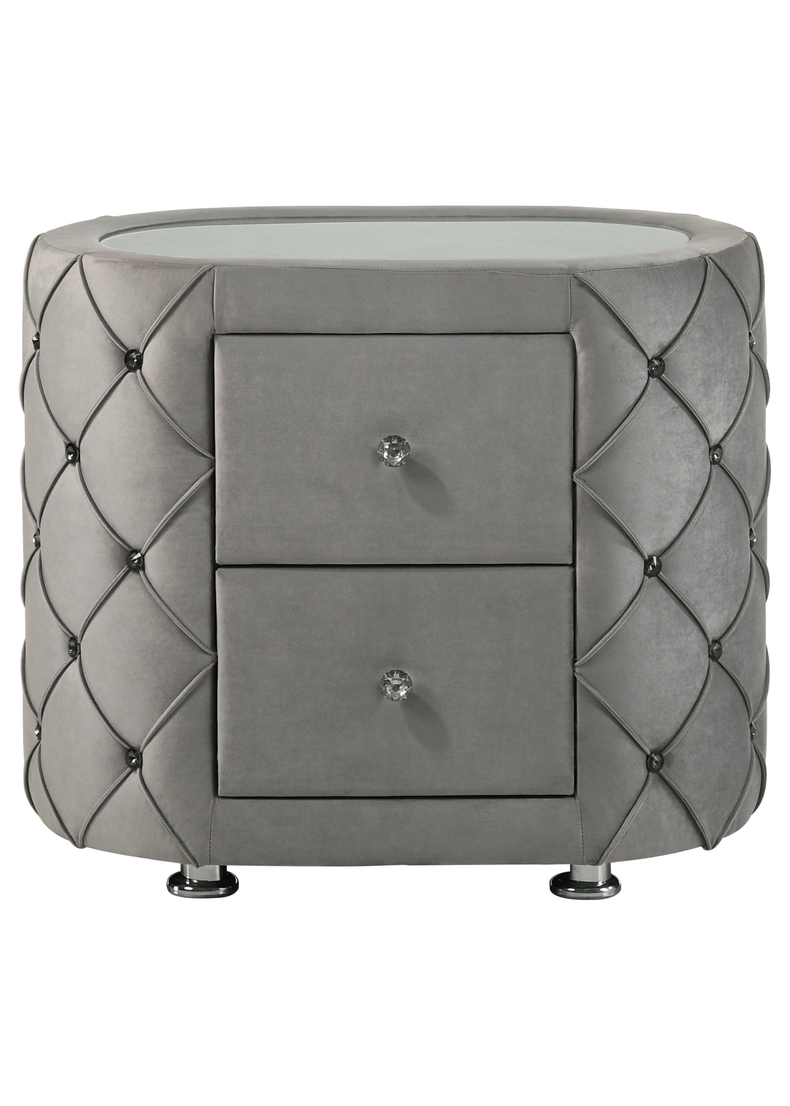 Gray Velvet 2-Drawer Nightstand with Chrome Legs