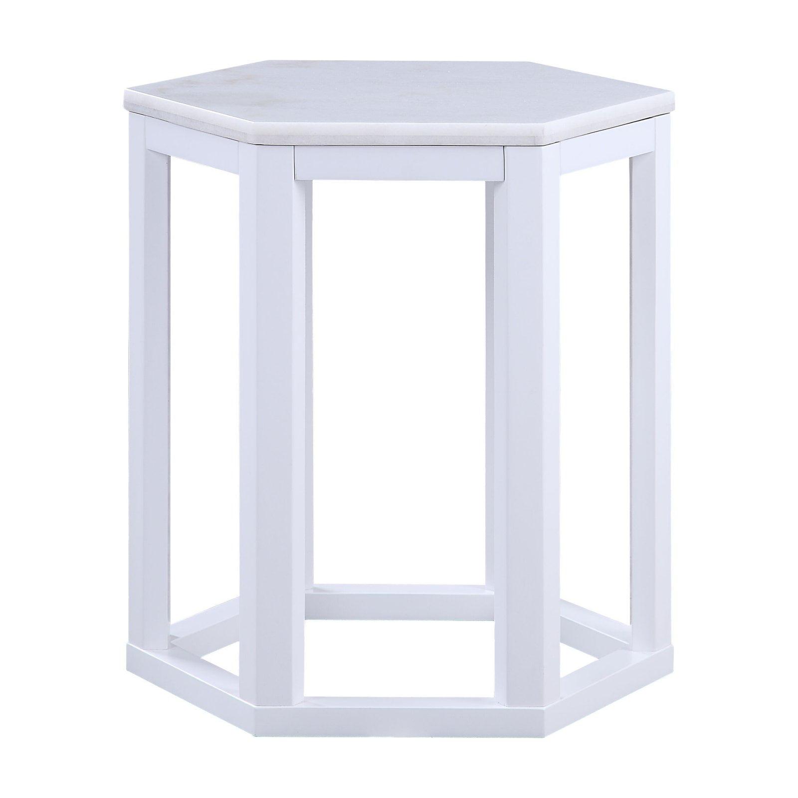 Reon Hexagon Marble Top & White Wood Base End Table