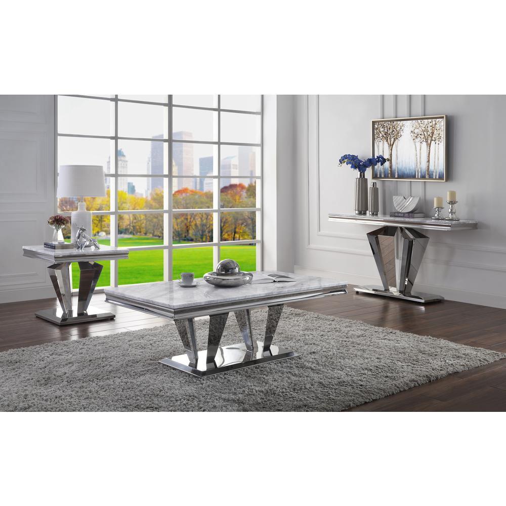 Elegant 54'' Light Grey Marble & Mirrored Silver Coffee Table