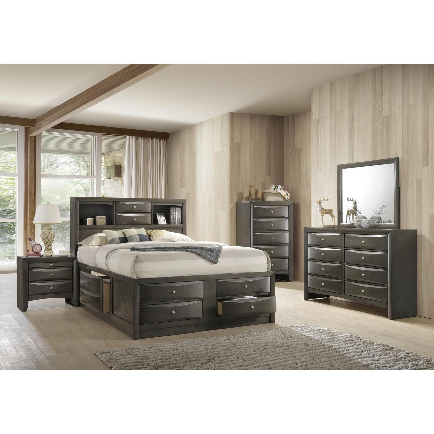 Transitional Gray Oak Queen Bed with Bookcase and Storage Drawers