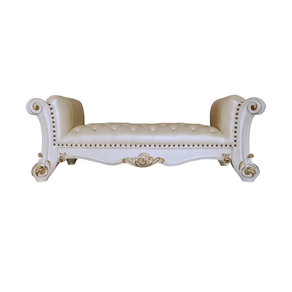 Acme Furniture 74" Vendome Ottoman and Bench Pearl Synthetic Leather and Antique Pearl Finish: Linen Upholstery, Metal Legs, No Tools Assembly