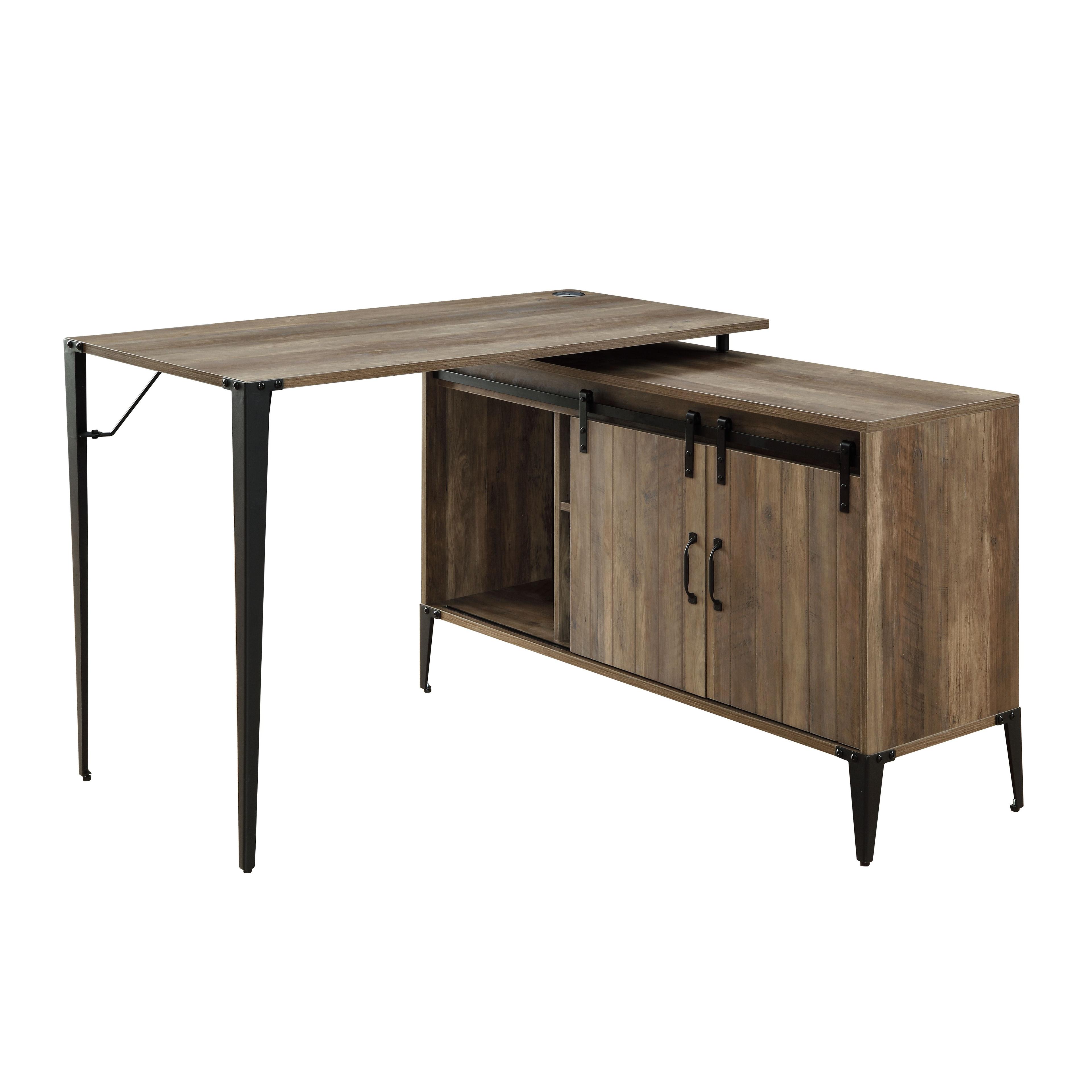 Executive Rustic Oak Corner Desk with USB Port and Filing Cabinet