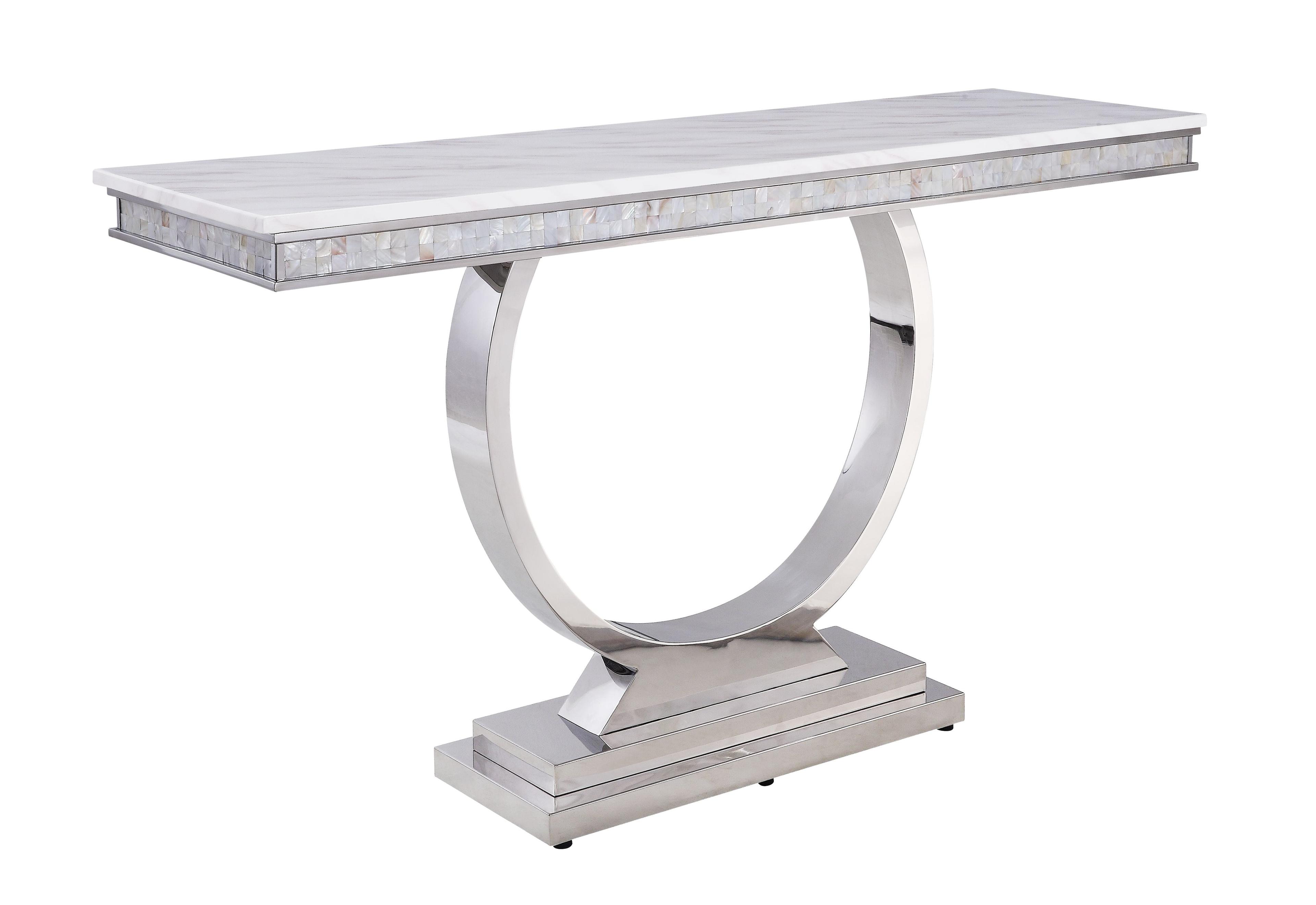 65'' Zander Modern Glamour Sofa Table with White Faux Marble and Mirrored Silver Finish