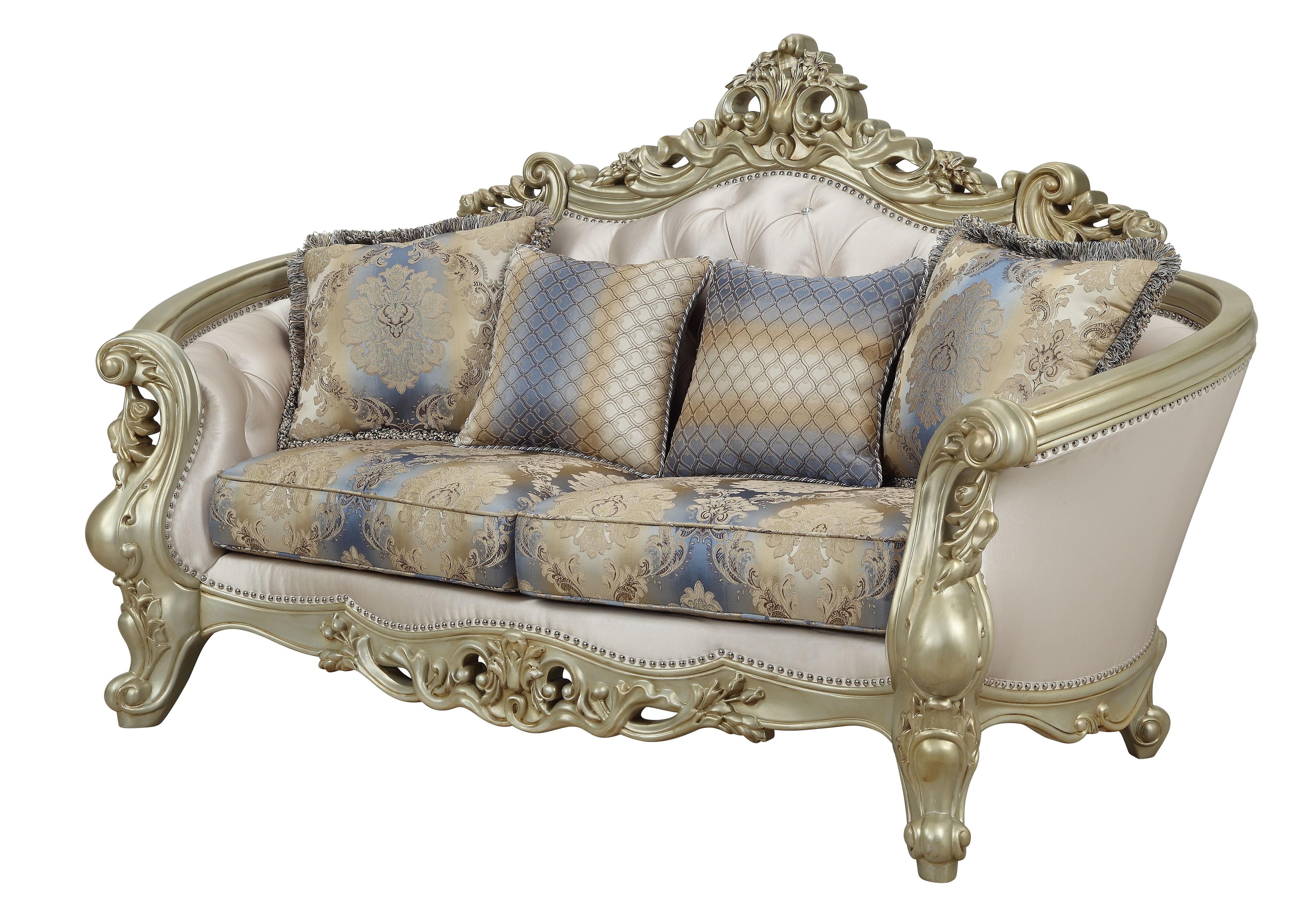 Elegant Floral Tufted Fabric Loveseat with Rolled Arms and Nailhead Accents