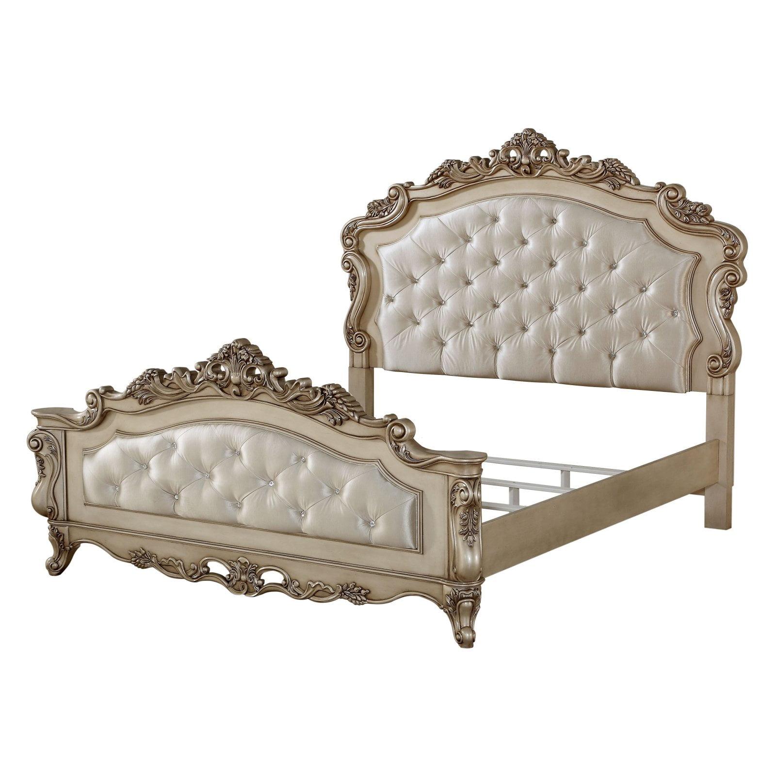 Queen Antique Champagne Tufted Upholstered Bed with Drawer