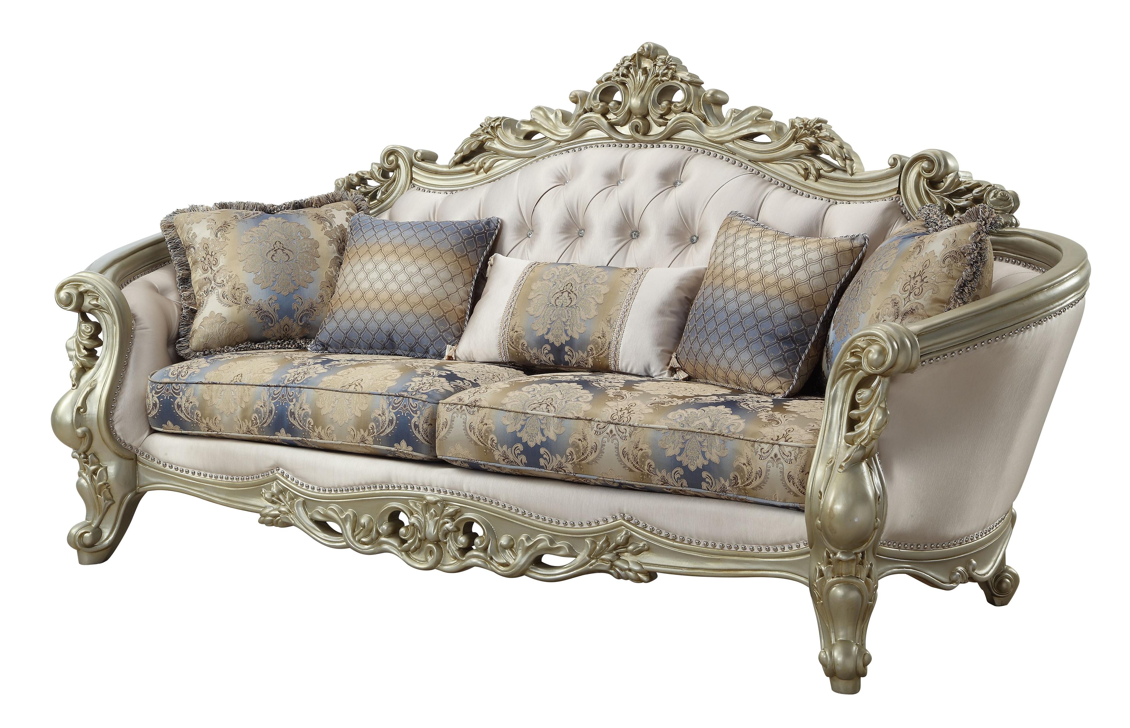 Elegant Antique White Floral Tufted Sofa with Nailhead Trim