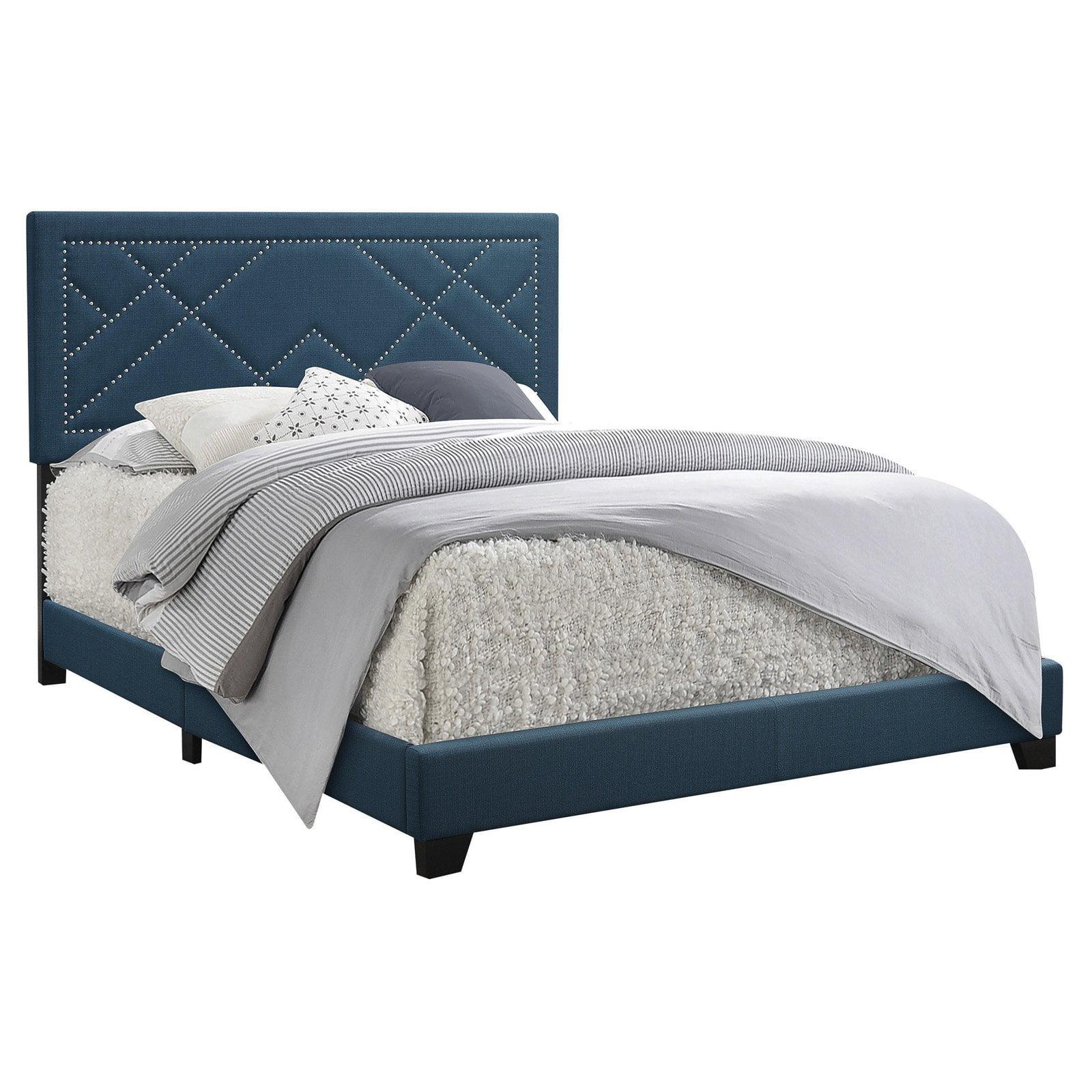 King Dark Teal Upholstered Bed with Nailhead Trim