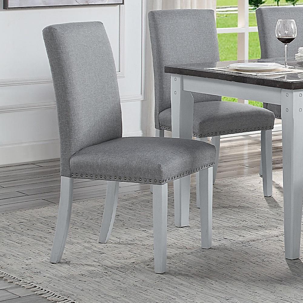 Gray Linen Upholstered Side Chair with Wood Legs, Set of 2