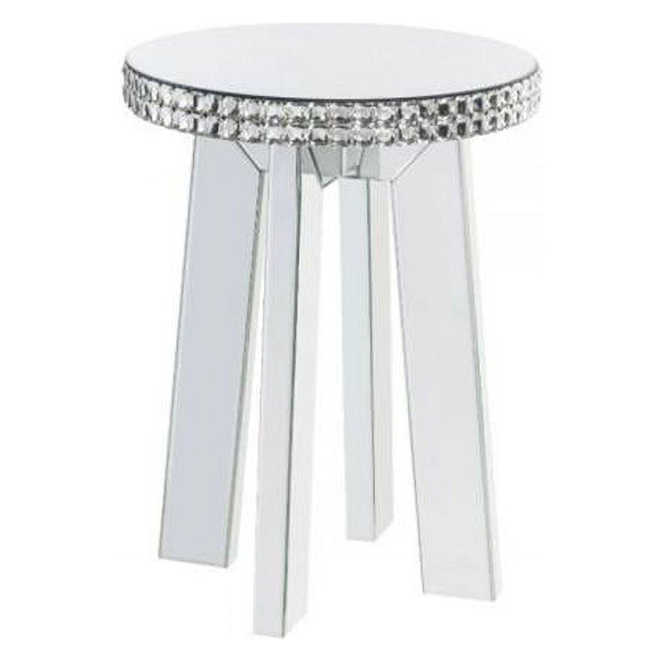 Chic Lotus Round Mirrored Wooden End Table with Faux Crystals