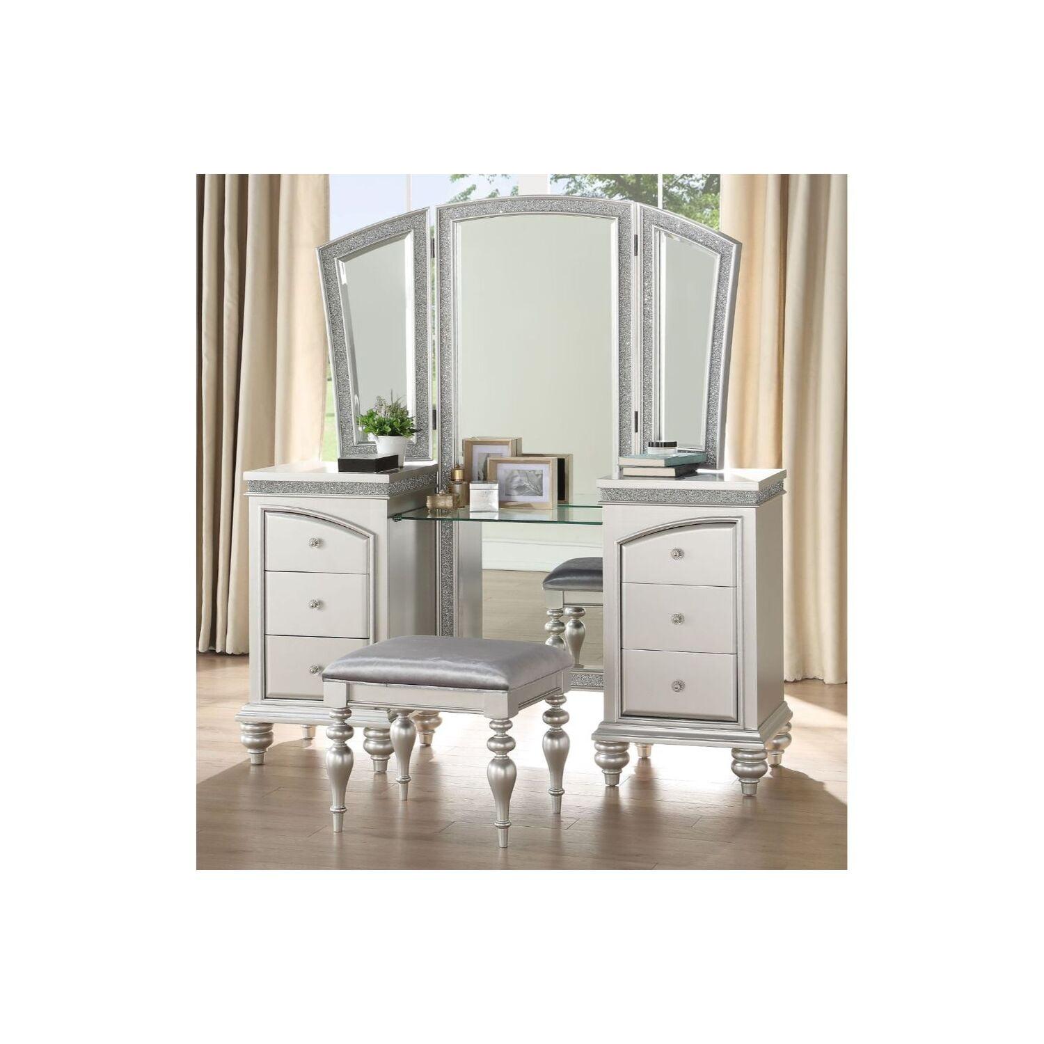 Platinum Vanity Desk with Mirror and Bench