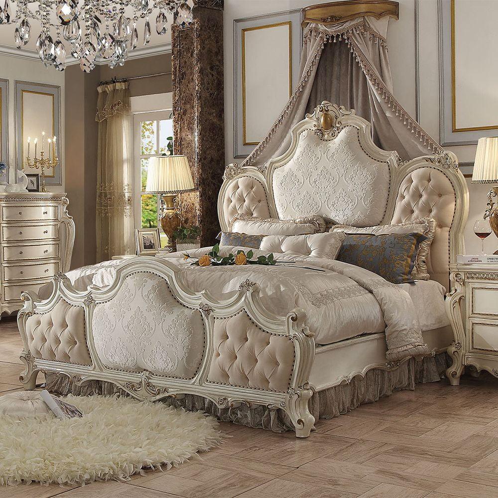 Acme Picardy Eastern King Bed, Fabric & Antique Pearl, Wood, Poly Resin, Upholstered