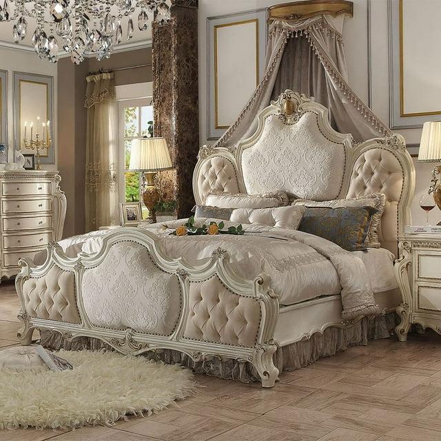 Acme Picardy Eastern King Bed, Fabric & Antique Pearl, Wood, Poly Resin, Upholstered