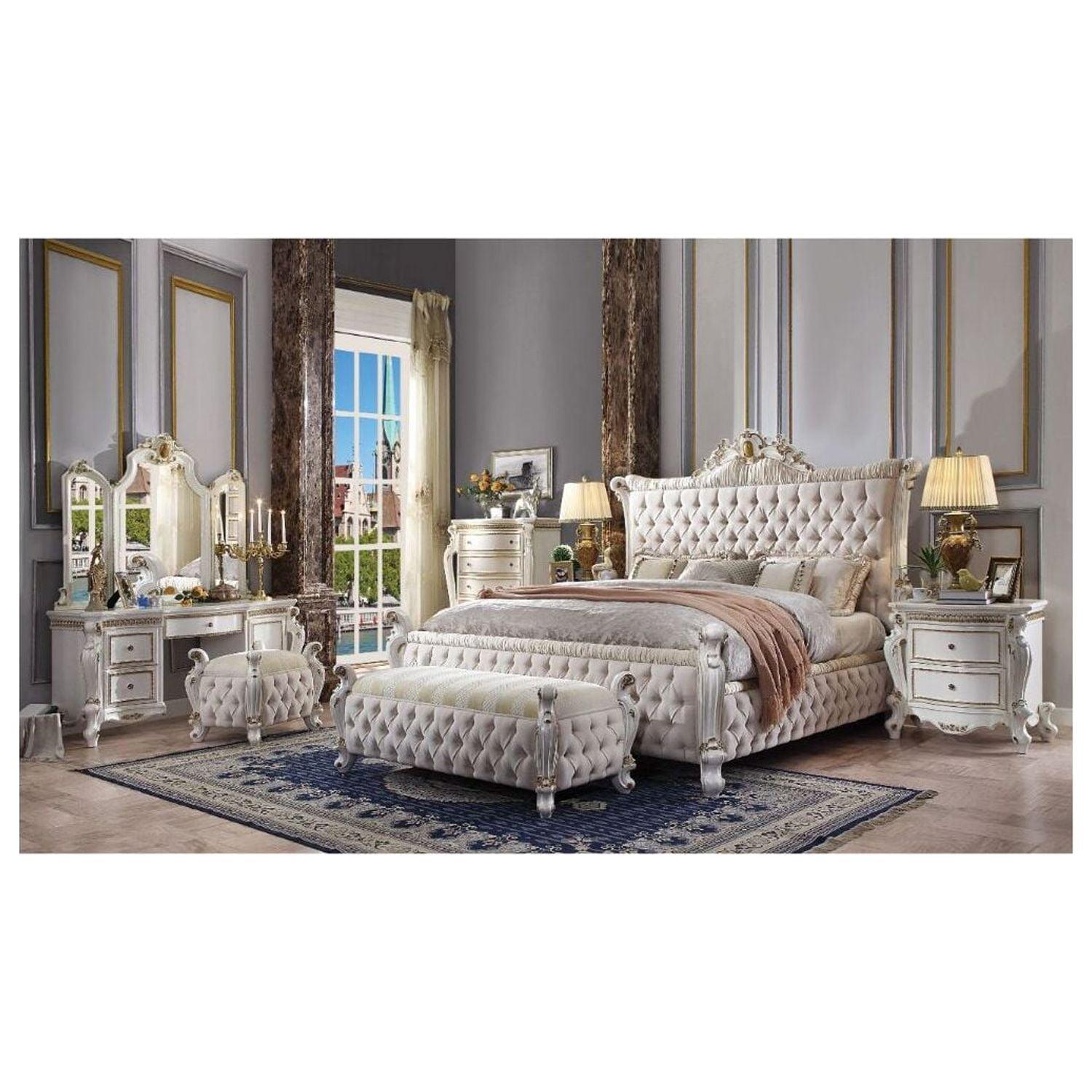 Antique Pearl Queen Bed with Tufted Upholstered Headboard and Nailhead Trim