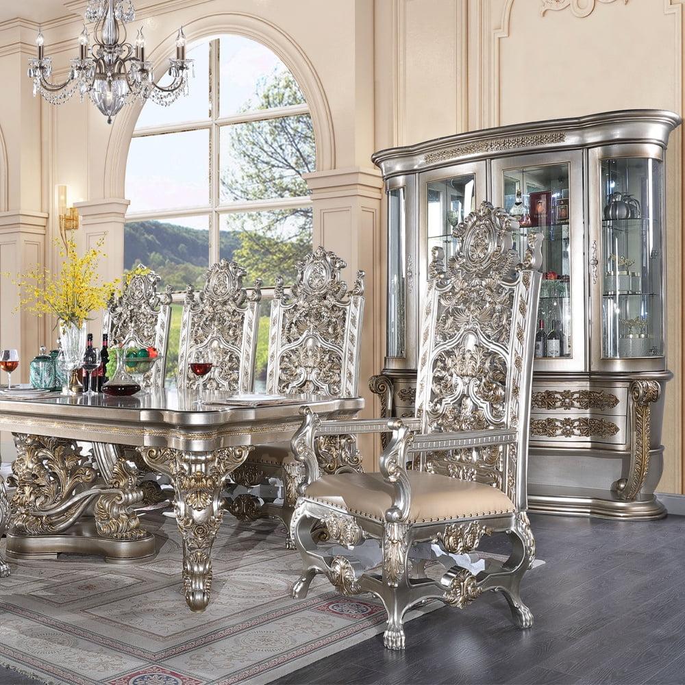 32" Sorina Dining Chair Synthetic Leather & Antique Gold - Acme Furniture: Nailhead Trim, Wood Frame