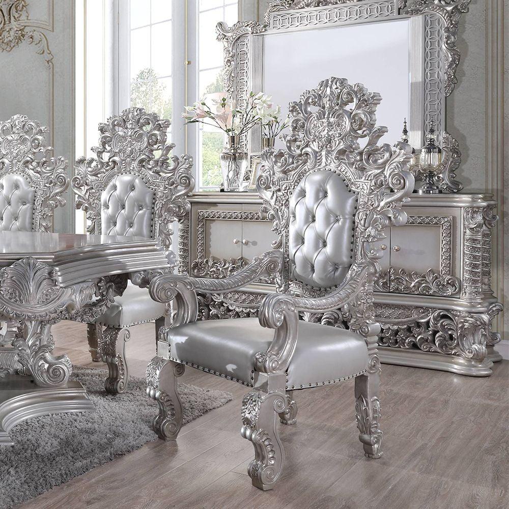 Acme Valkyrie Arm Chair (Set-2), Synthetic Leather, Antique Platinum Finish