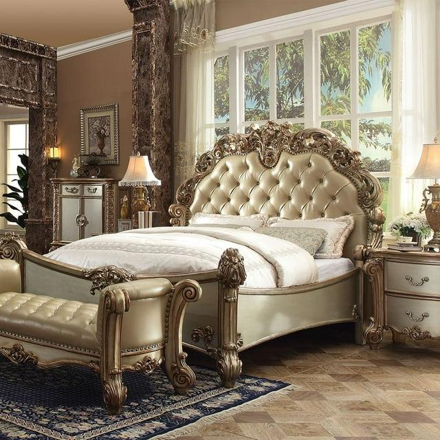Acme Vendome Cal King Bed, Brass Synthetic Leather & Gold Patina, Wood, Poly Resin, Upholstered