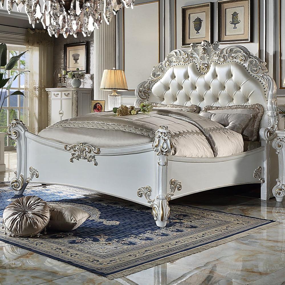 94" Queen Bed Vendome Synthetic Leather, Carved Wood Detail - Acme Furniture