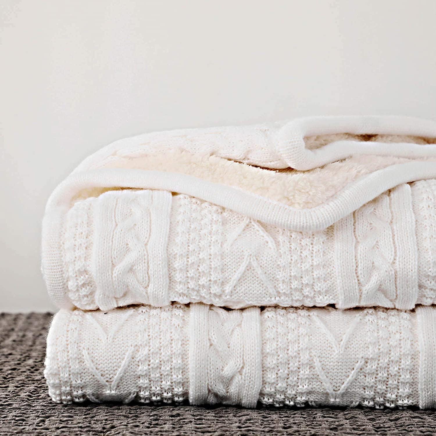 Ivory White Acrylic Cable Knit Sherpa Reversible Throw Blanket