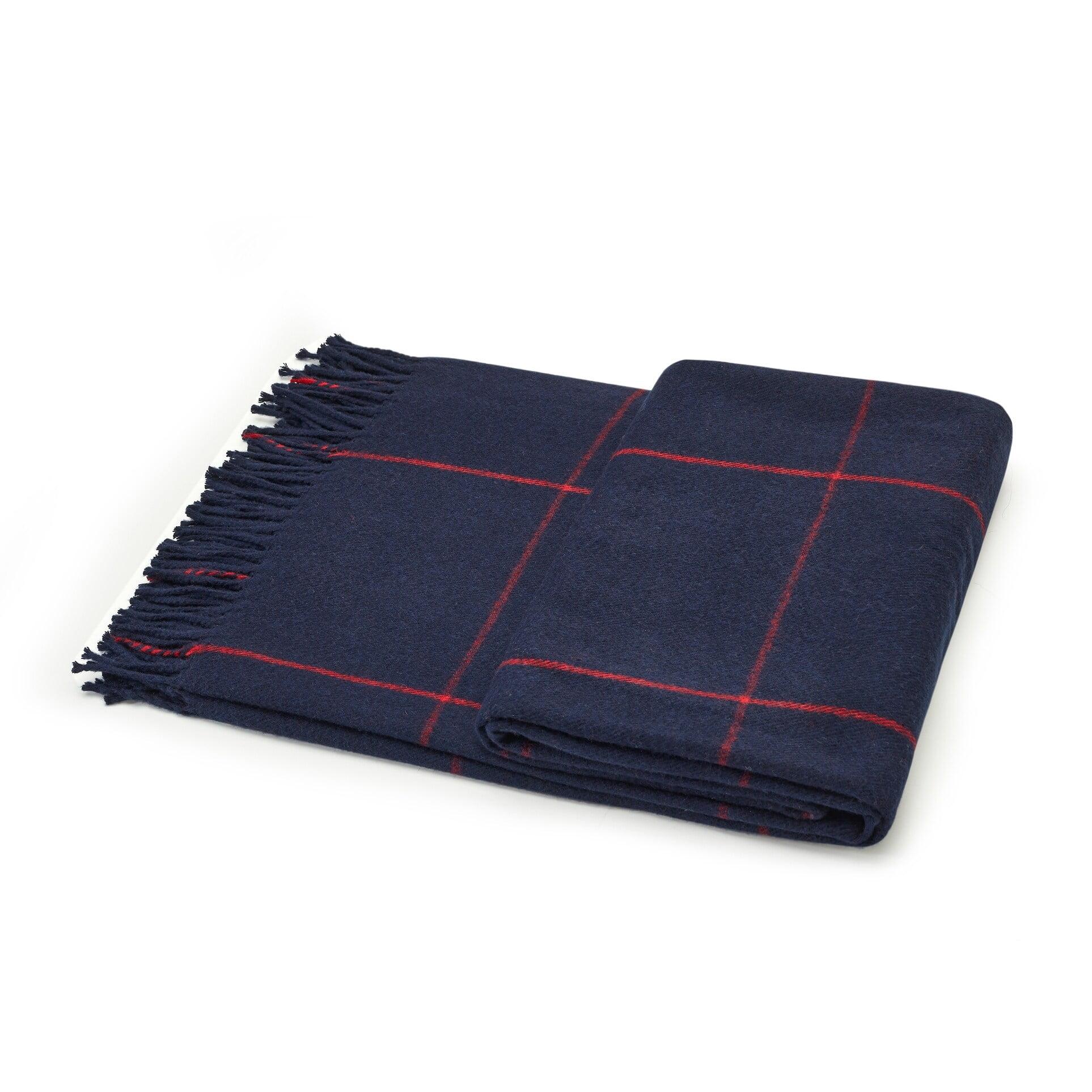 Acrylic Woven Queen Size Throw Blanket with Hand Knotted Fringes Navy-Red