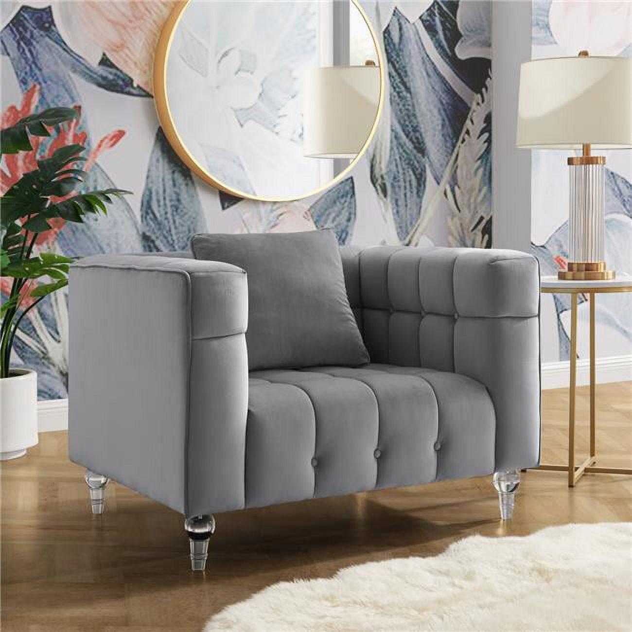 Gray Velvet Biscuit Tufted Accent Chair with Clear Acrylic Legs