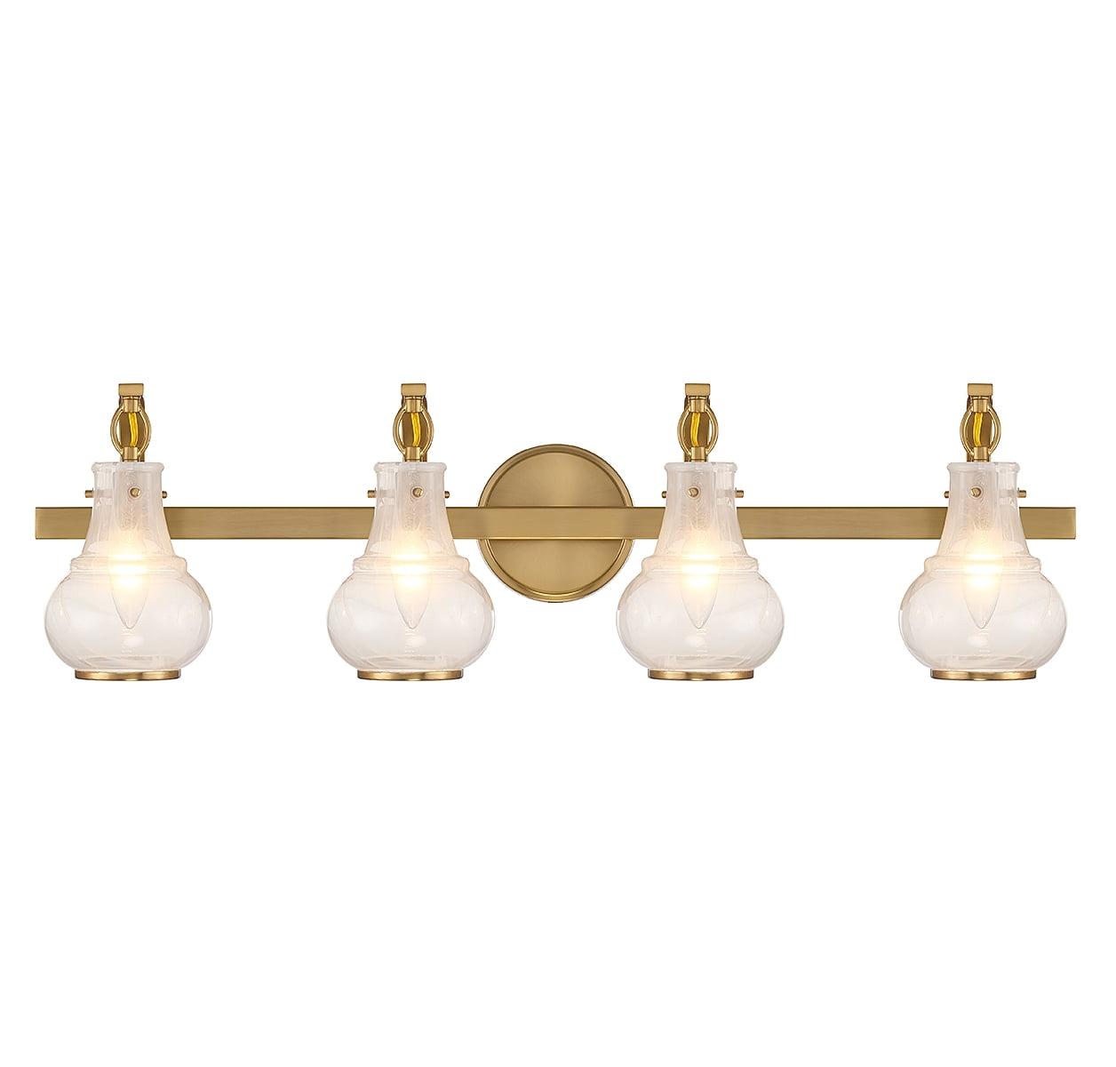 Warm Brass 4-Light Vanity with White Strie Glass Shades