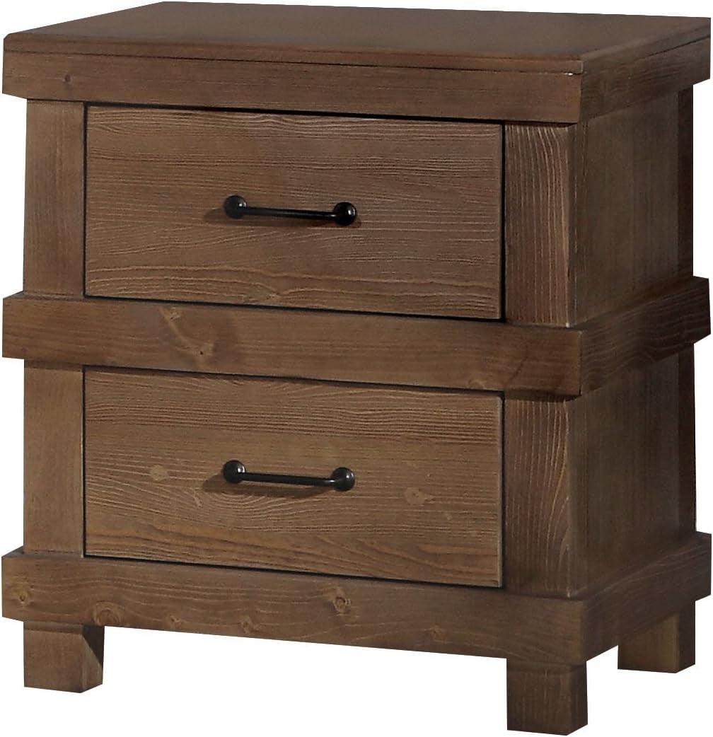 Antique Oak 2-Drawer Wooden Nightstand with Metal Handles