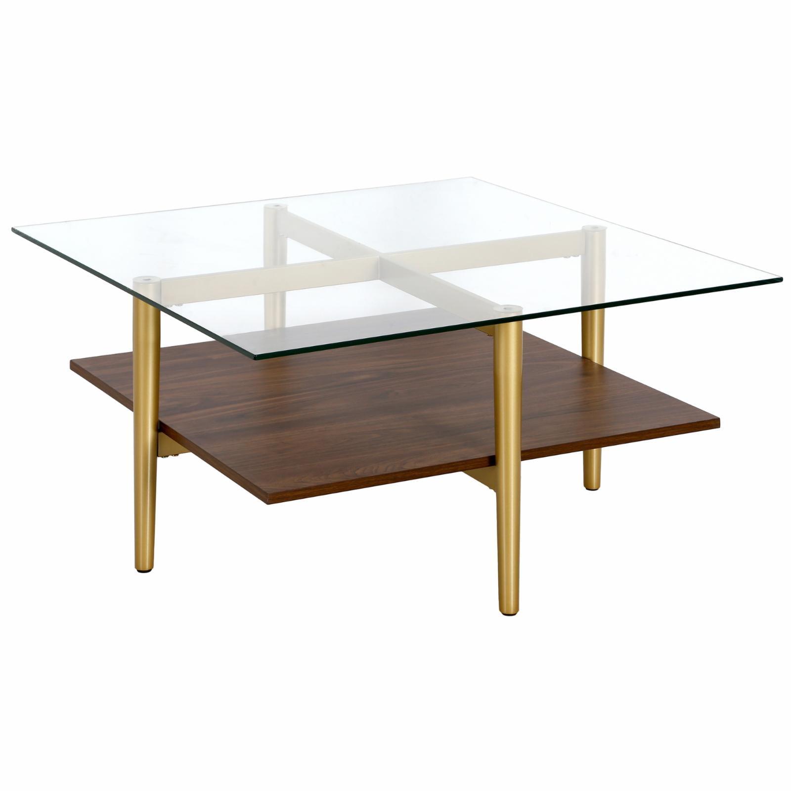 Mid-Century Modern Brass & Walnut Coffee Table with Glass Top