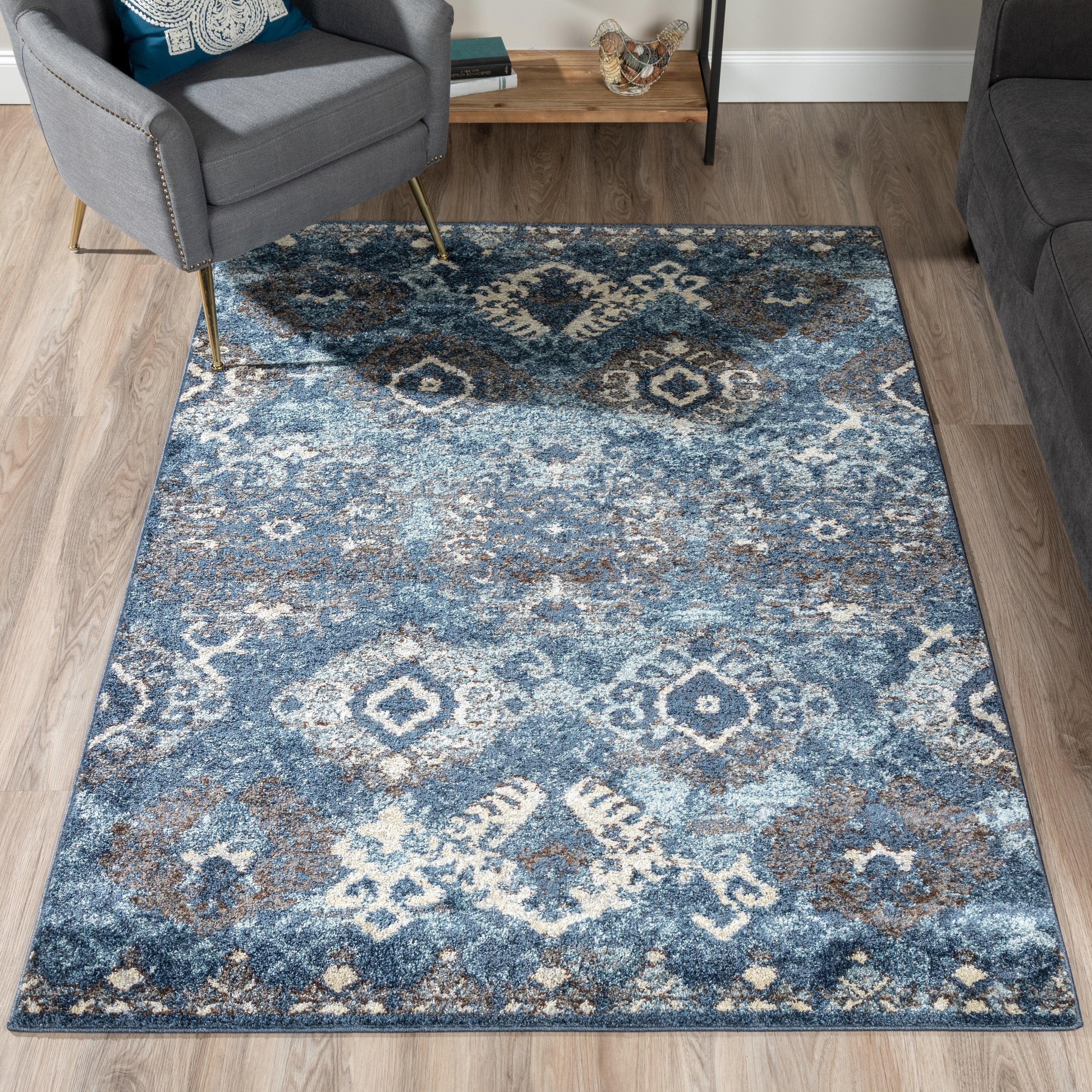 Blair Distressed Ikat Blue Synthetic 8'2" x 10' Area Rug