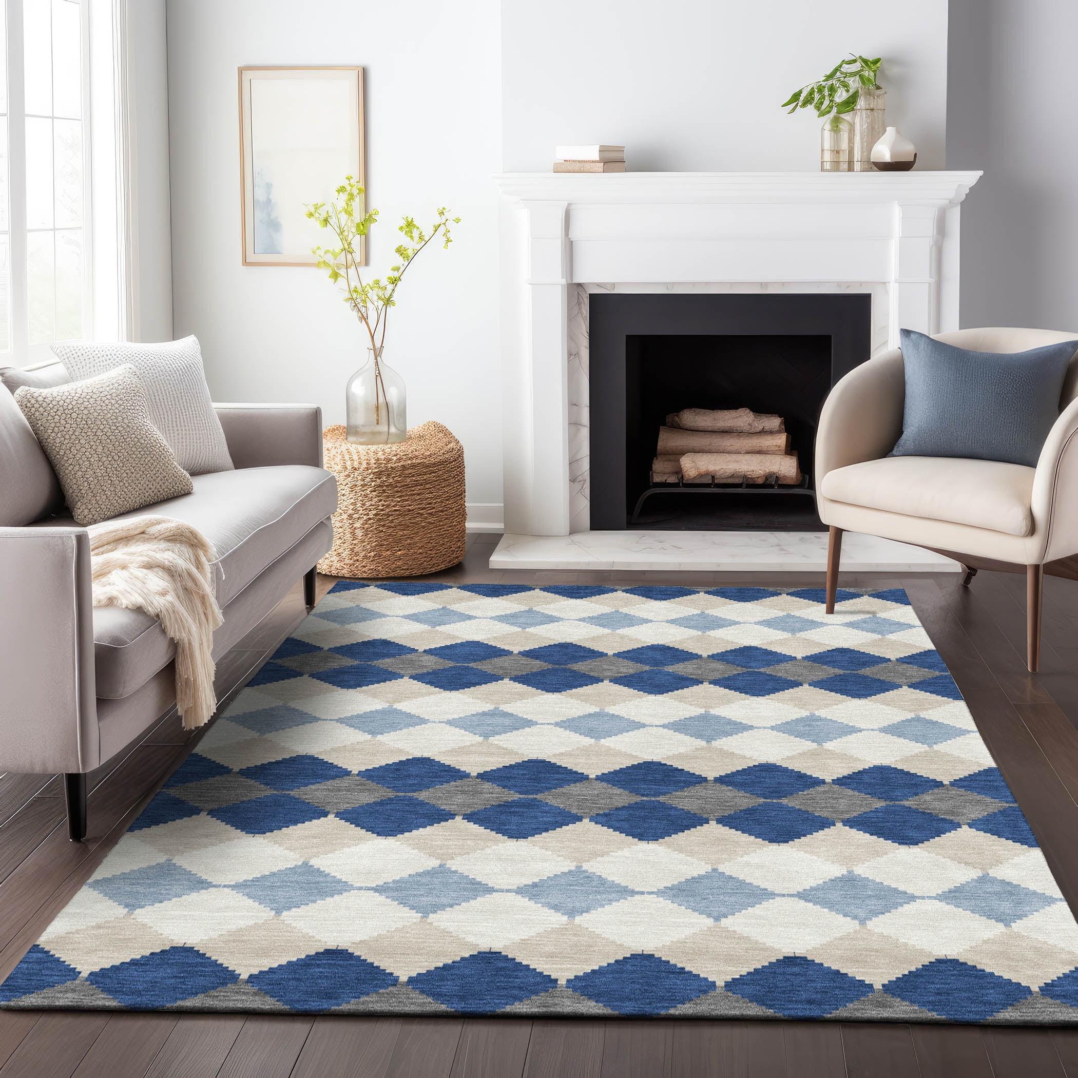 Blue and Beige Diamond Pattern Washable Synthetic Rug