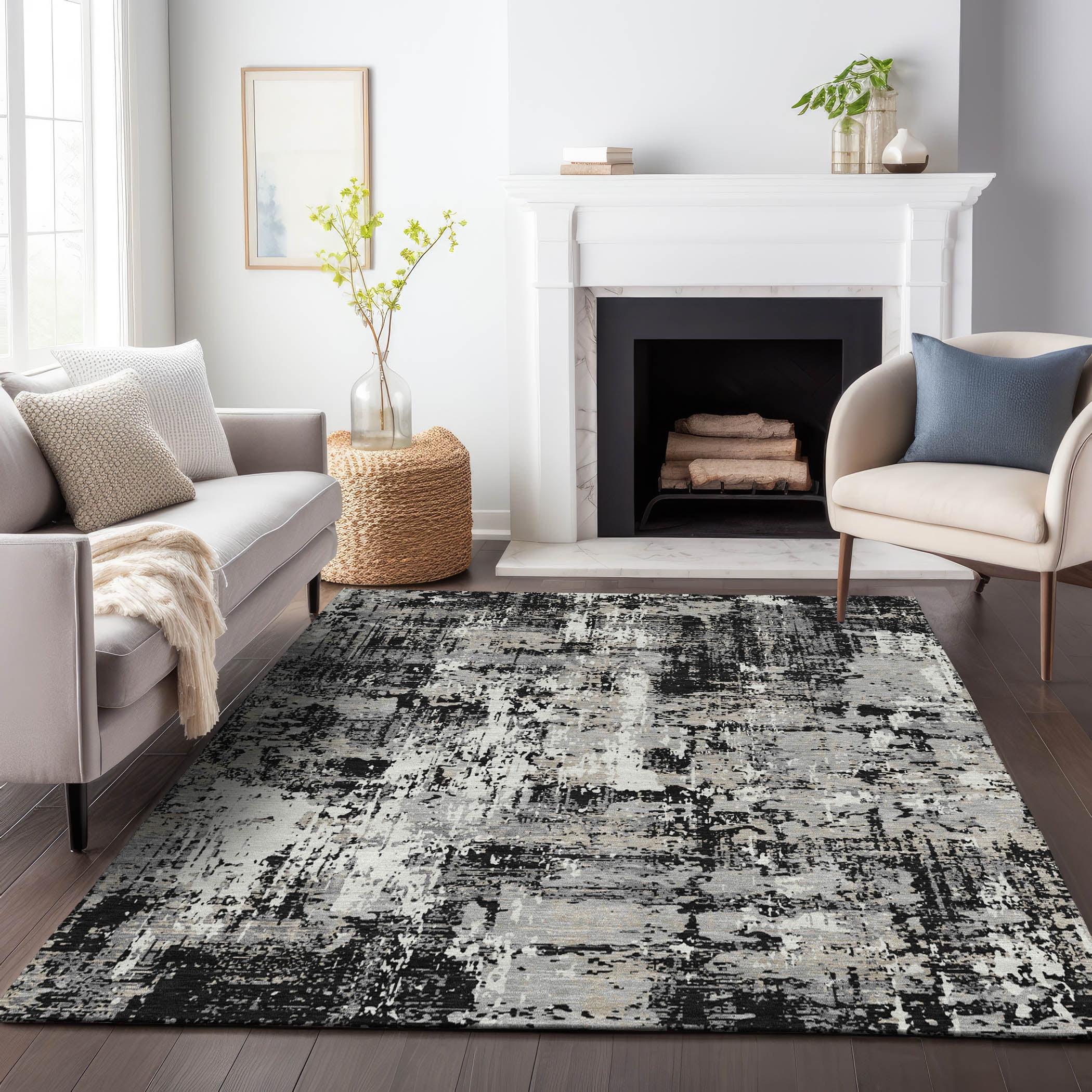 Black and Gray Abstract Synthetic 3' x 5' Area Rug