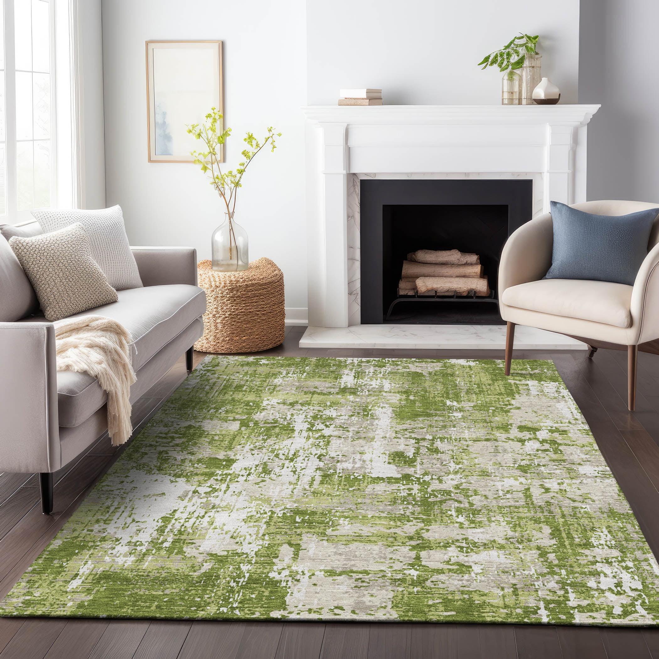 Green Abstract Washable Synthetic Rectangular Area Rug 3' x 5'