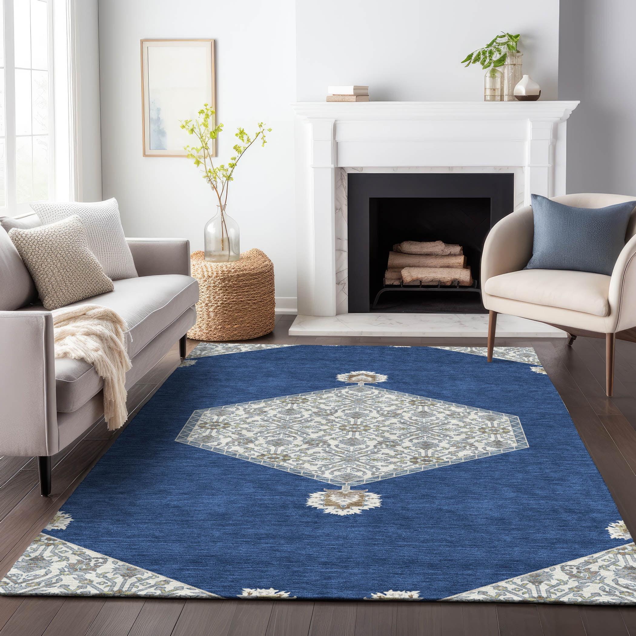 Navy and White Synthetic 5' x 7' Washable Rectangular Rug