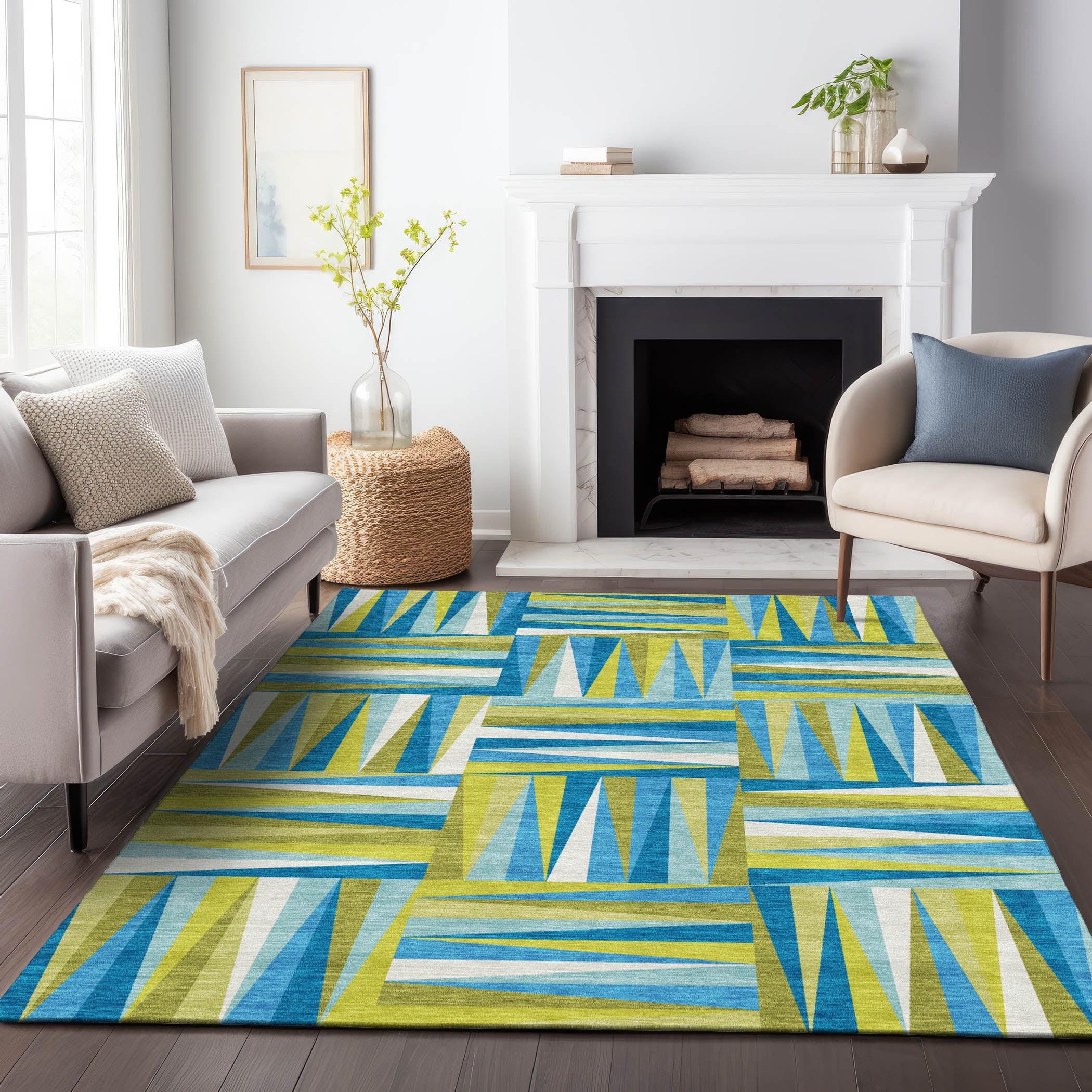 Teal and Green Geometric Washable Indoor/Outdoor Rug