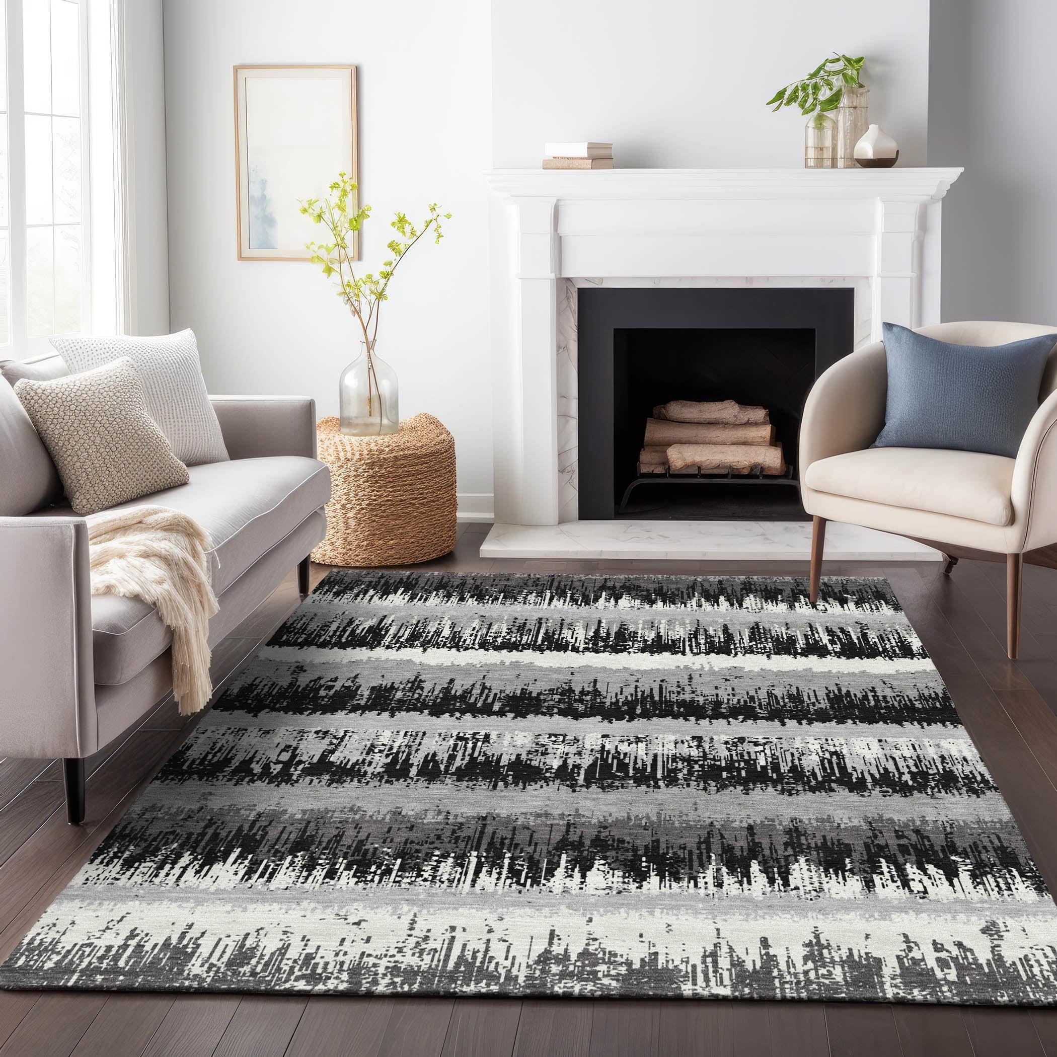 Black and Gray Synthetic Washable Rectangular Rug