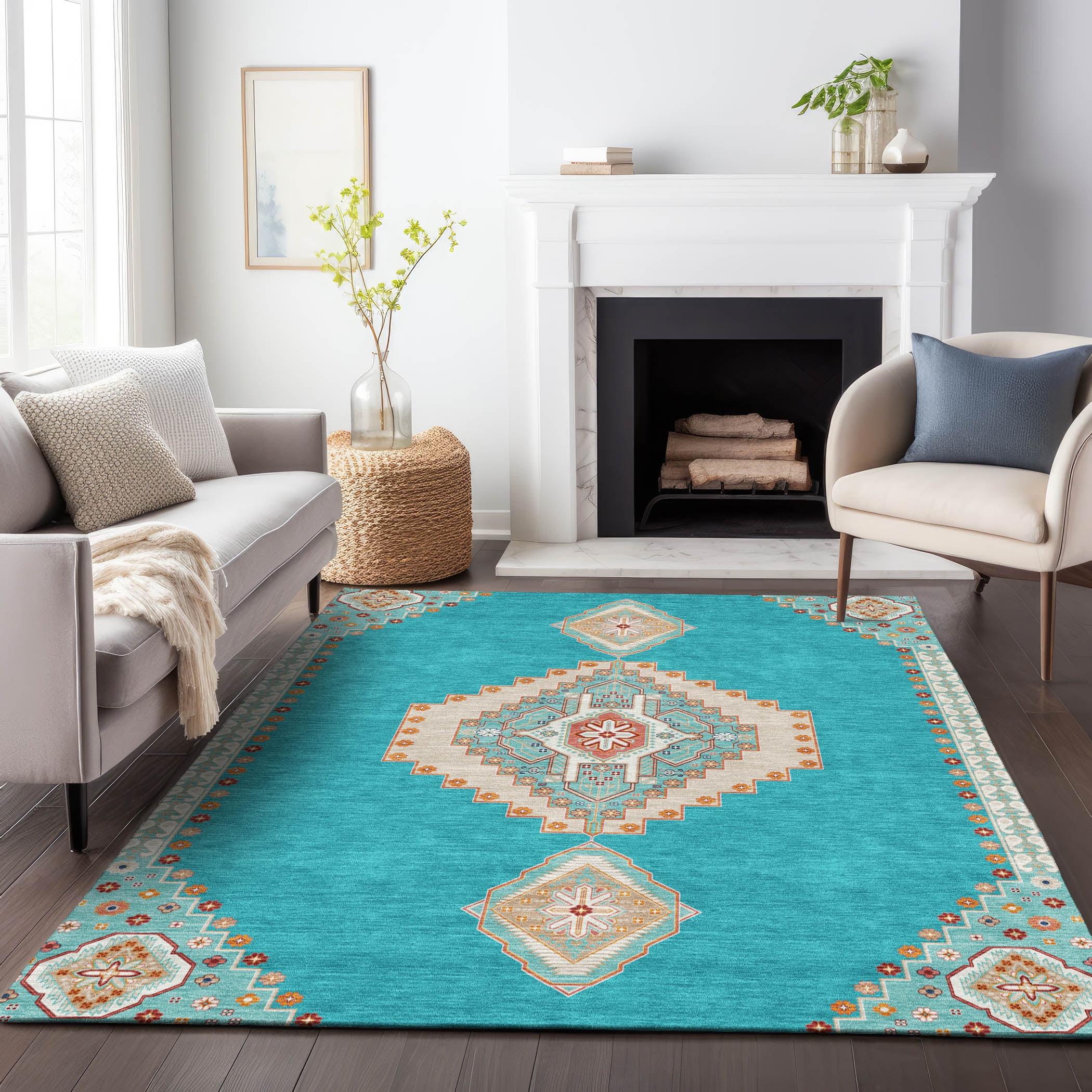 Teal and Beige Synthetic Washable Rectangular Area Rug