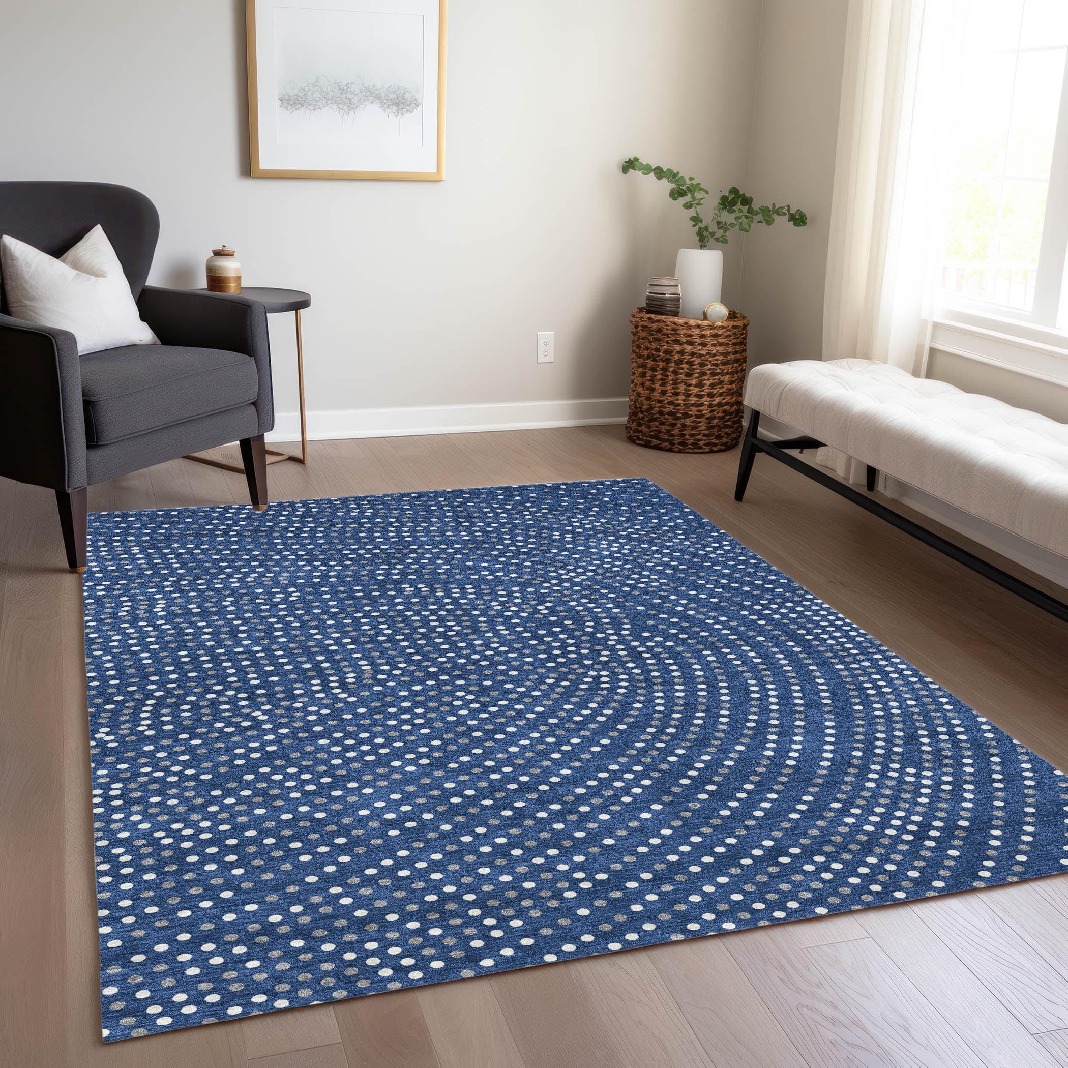 Navy and White Synthetic Flat Woven Washable Rug