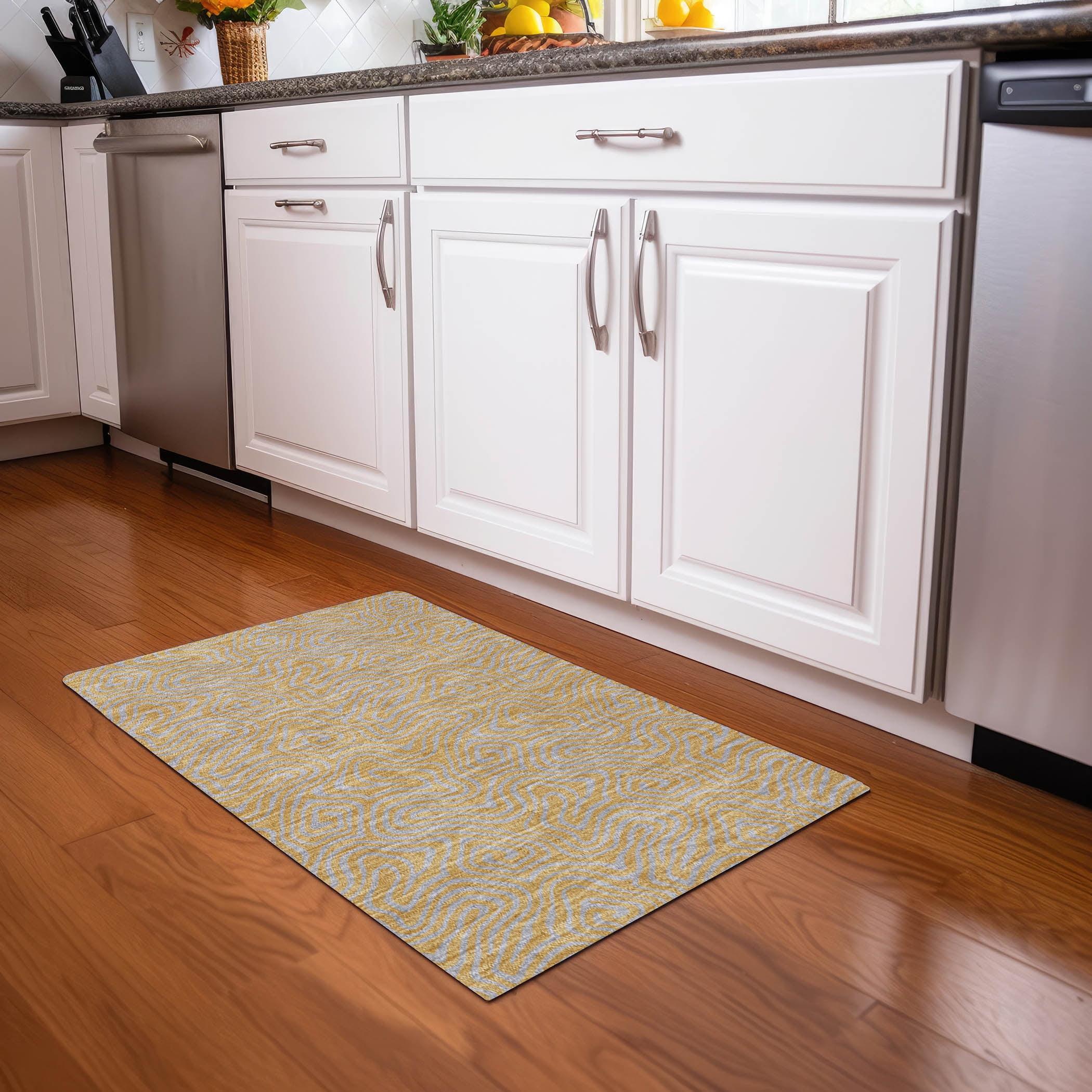 Gold and Gray Rectangular Washable Synthetic Area Rug