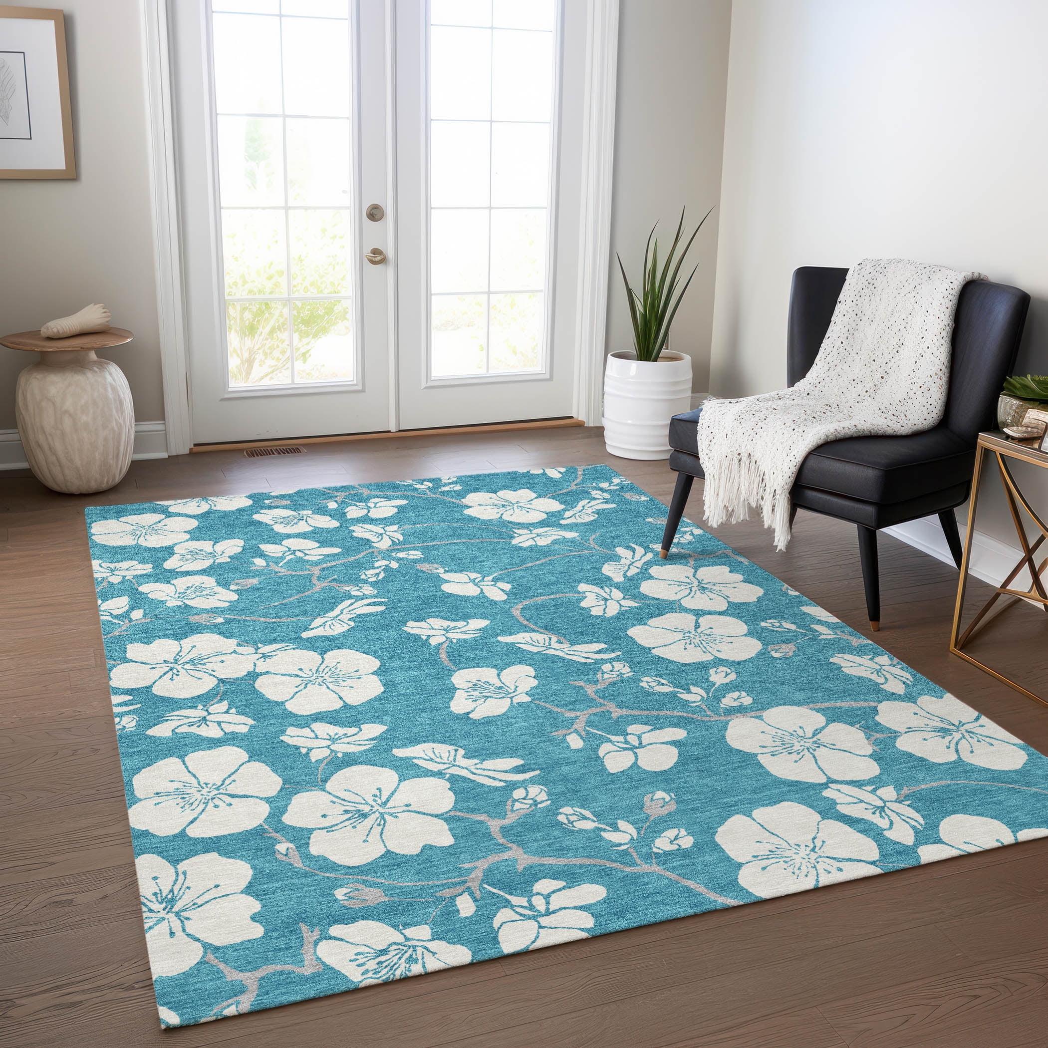 Turquoise Floral Synthetic Washable Rectangular Area Rug