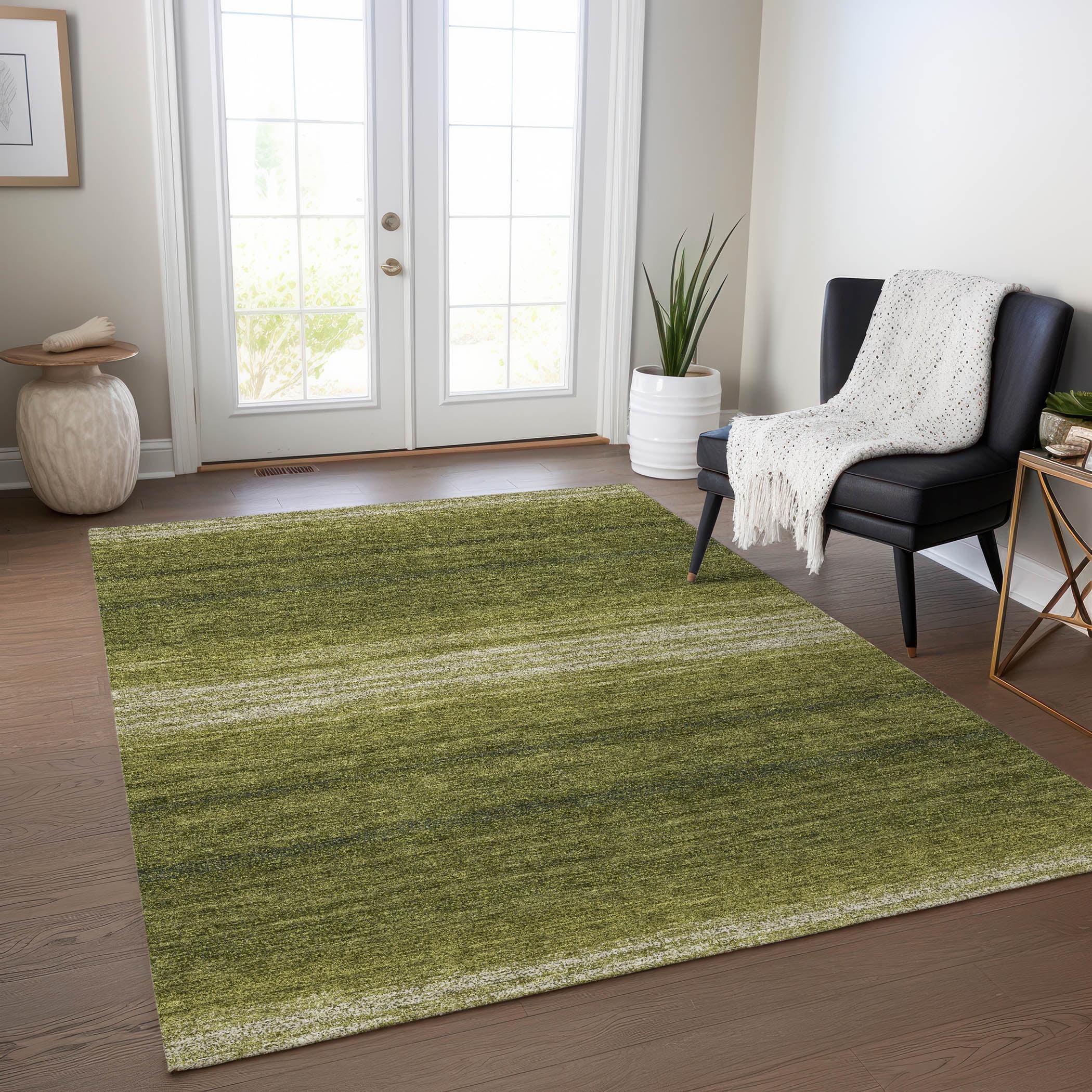 Olive Green Striped Synthetic Washable Area Rug