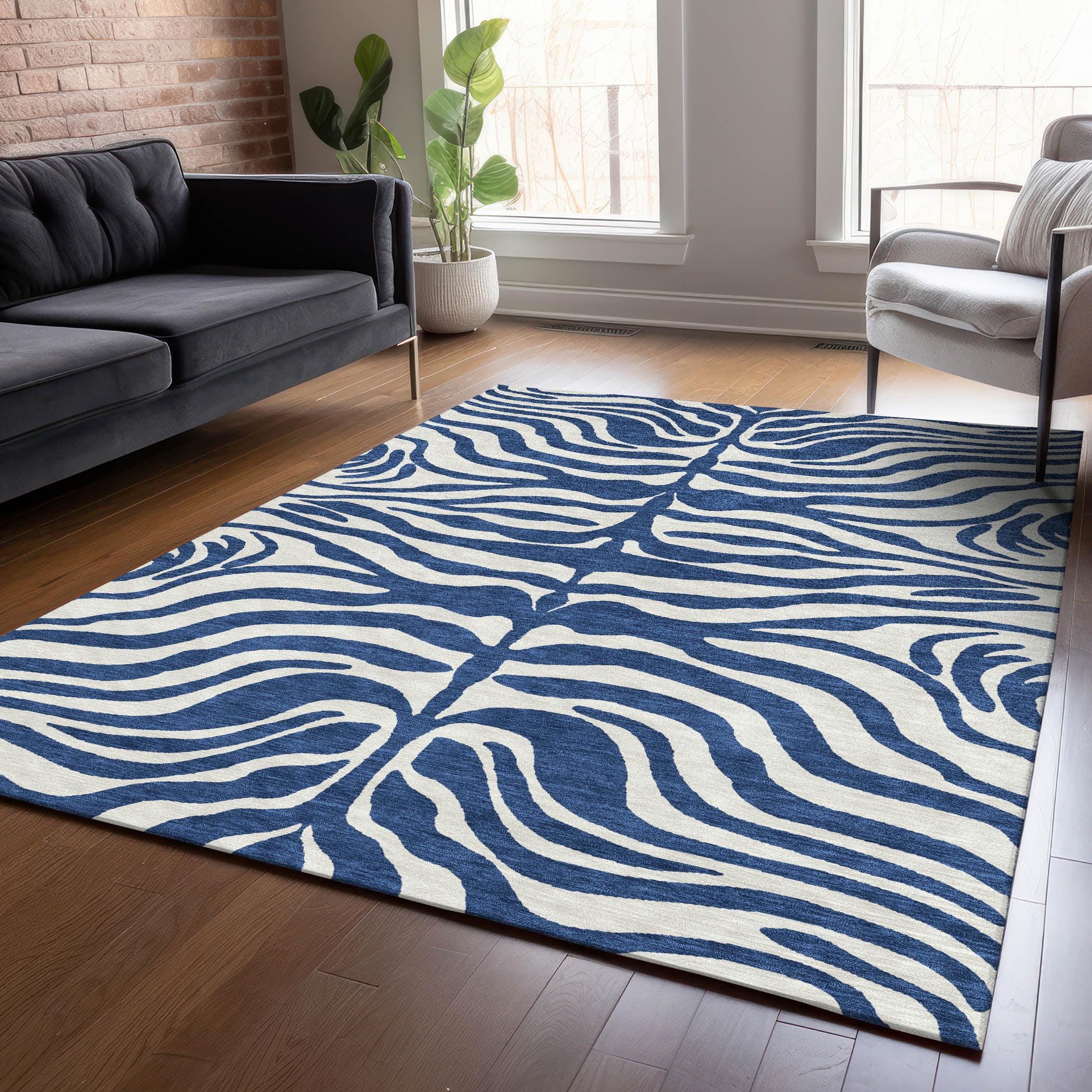 Navy and White Zebra Pattern Washable Synthetic Area Rug