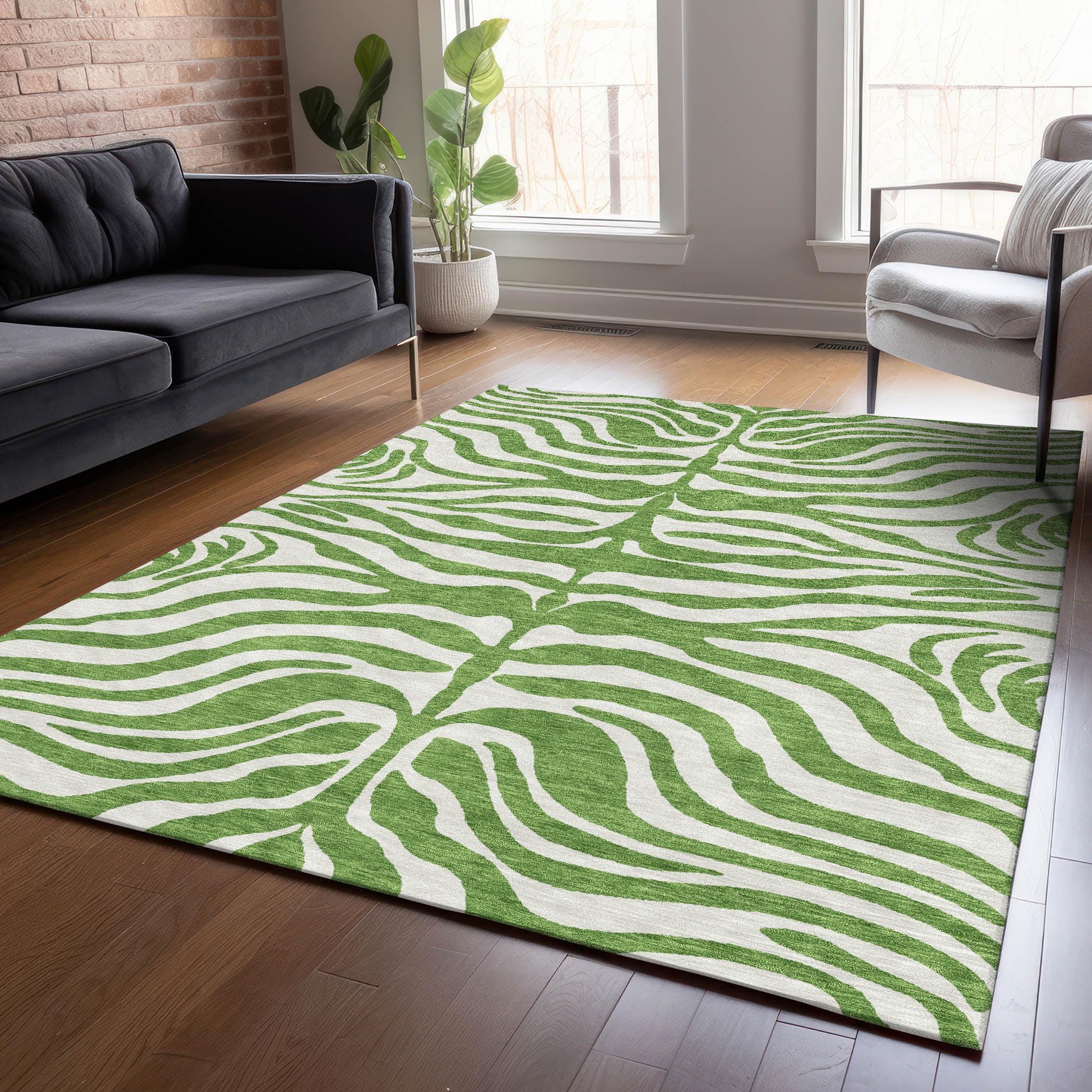 Green and Off-White Zebra Pattern Washable Synthetic Area Rug