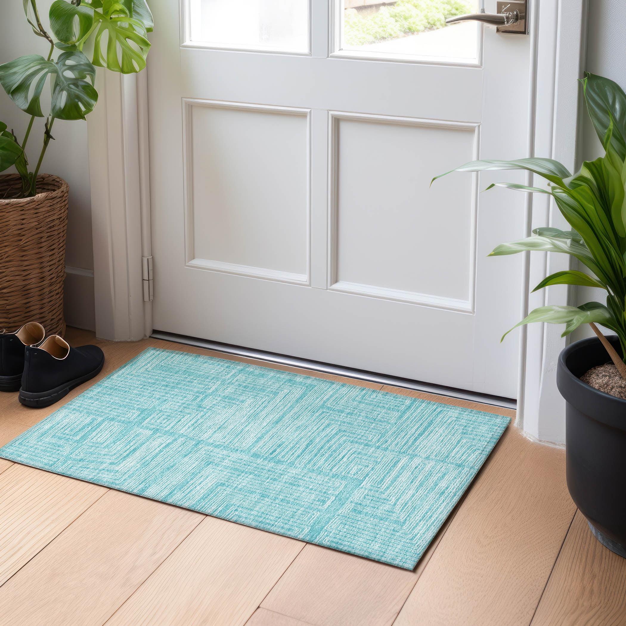 Turquoise Geometric Pattern Washable Synthetic Rug 30" x 20"