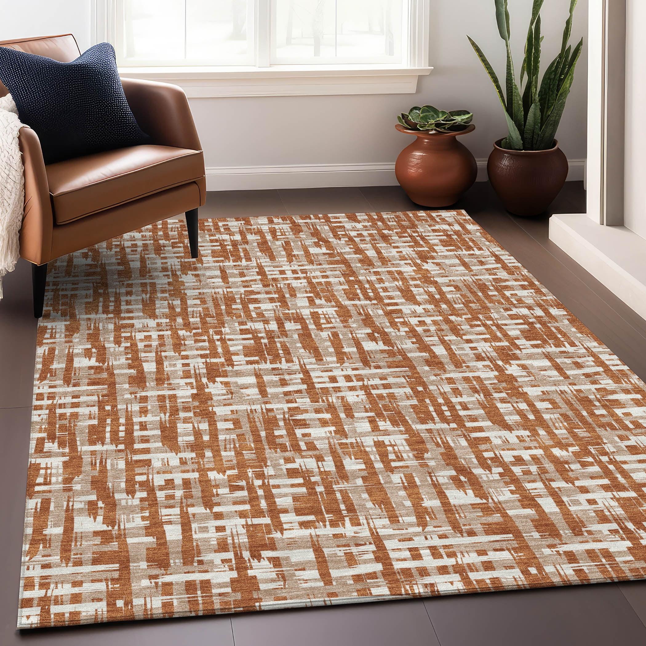 Terracotta and White Synthetic Washable Rectangular Rug