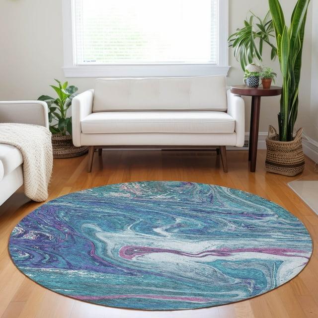 Addison Rugs Chantille Indoor/Outdoor Transitional Geometric, Abstract Teal Washable Round Rug, 8' x 8'