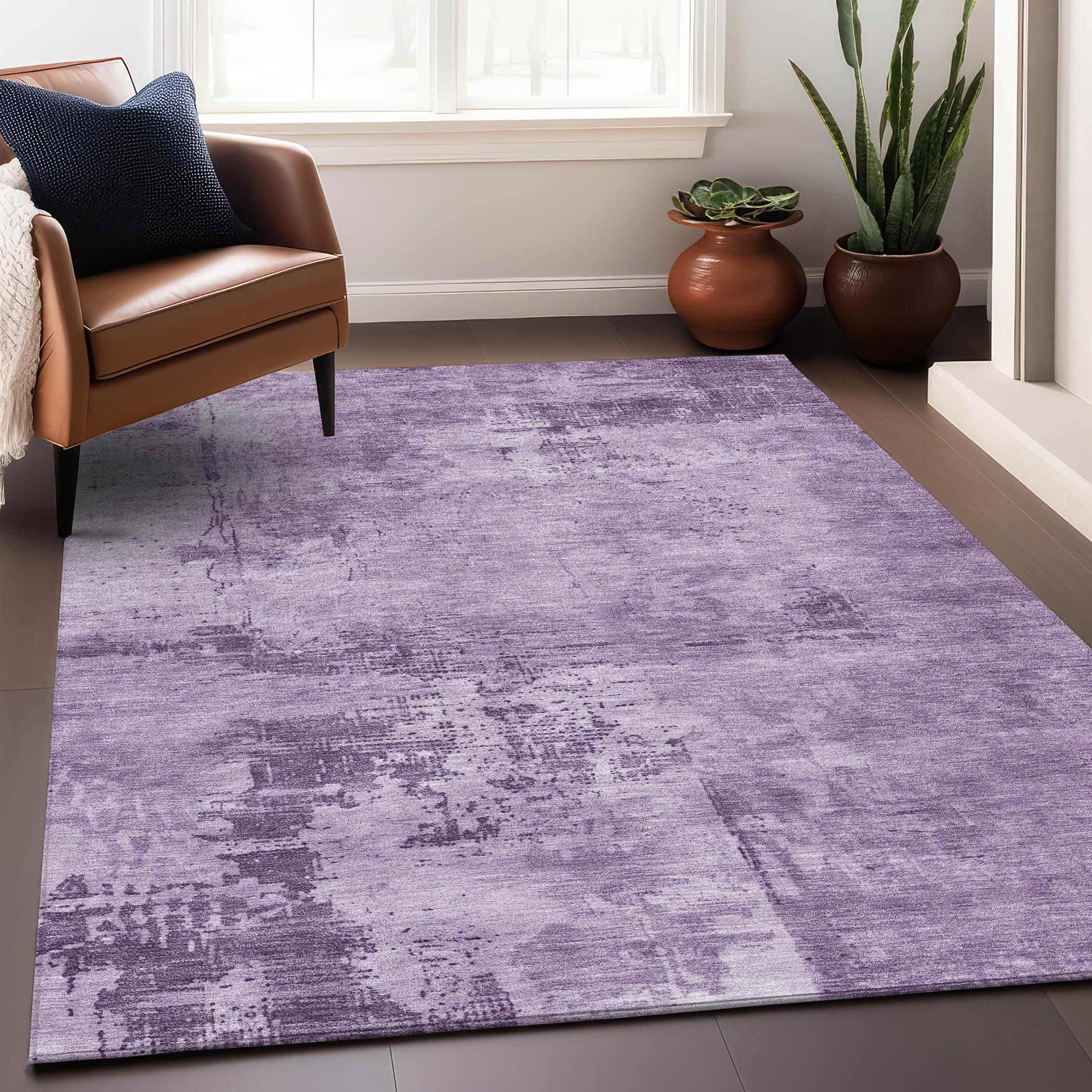 Lavender Abstract Washable Synthetic Indoor/Outdoor Rug