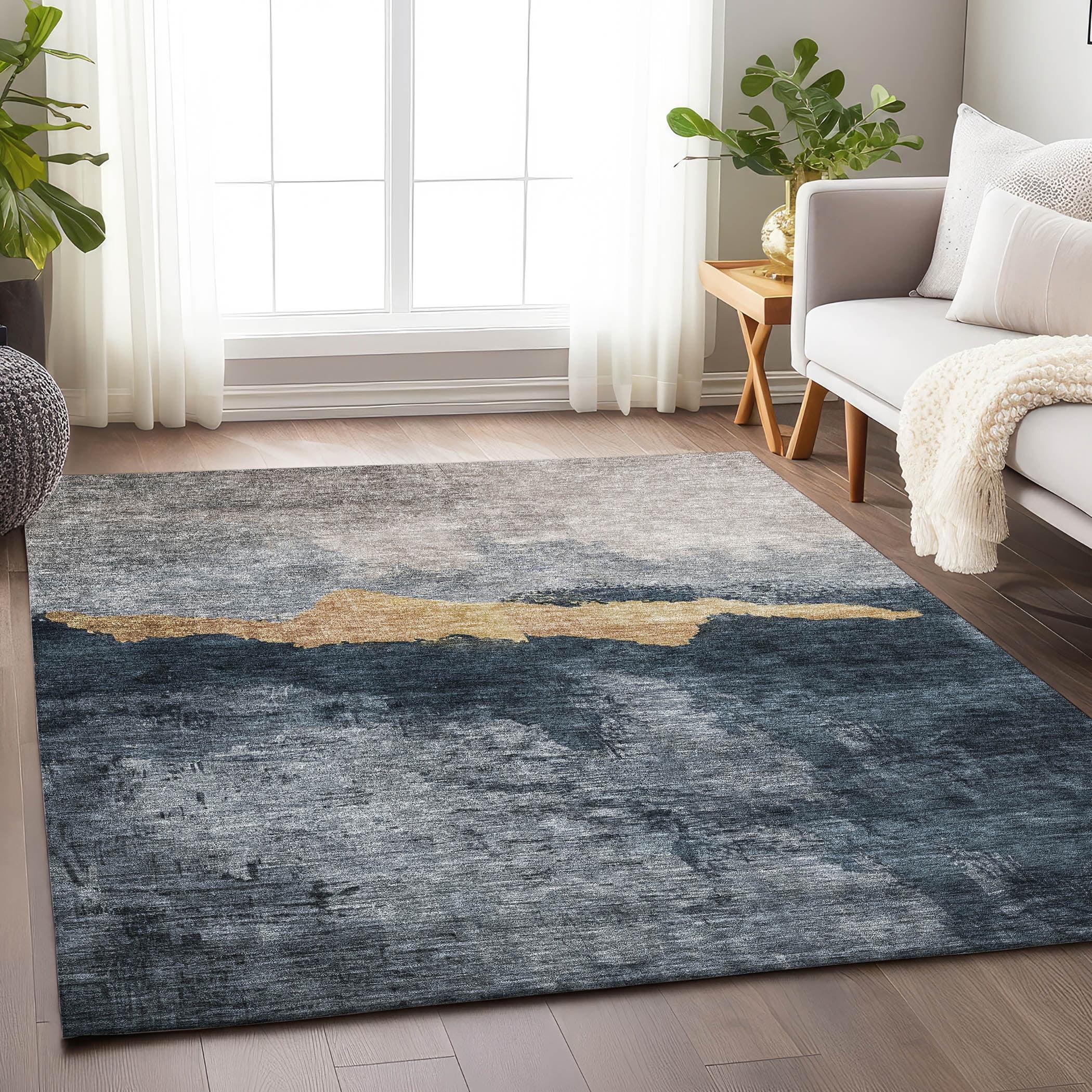 Blue and Beige Flat Woven Synthetic Washable Area Rug 10' x 14'