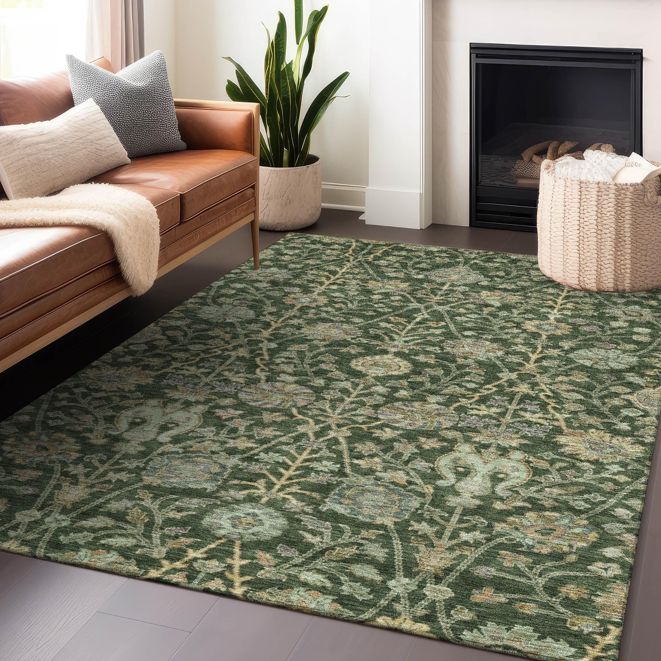 Green Floral Pattern Machine Washable Indoor Outdoor Rug