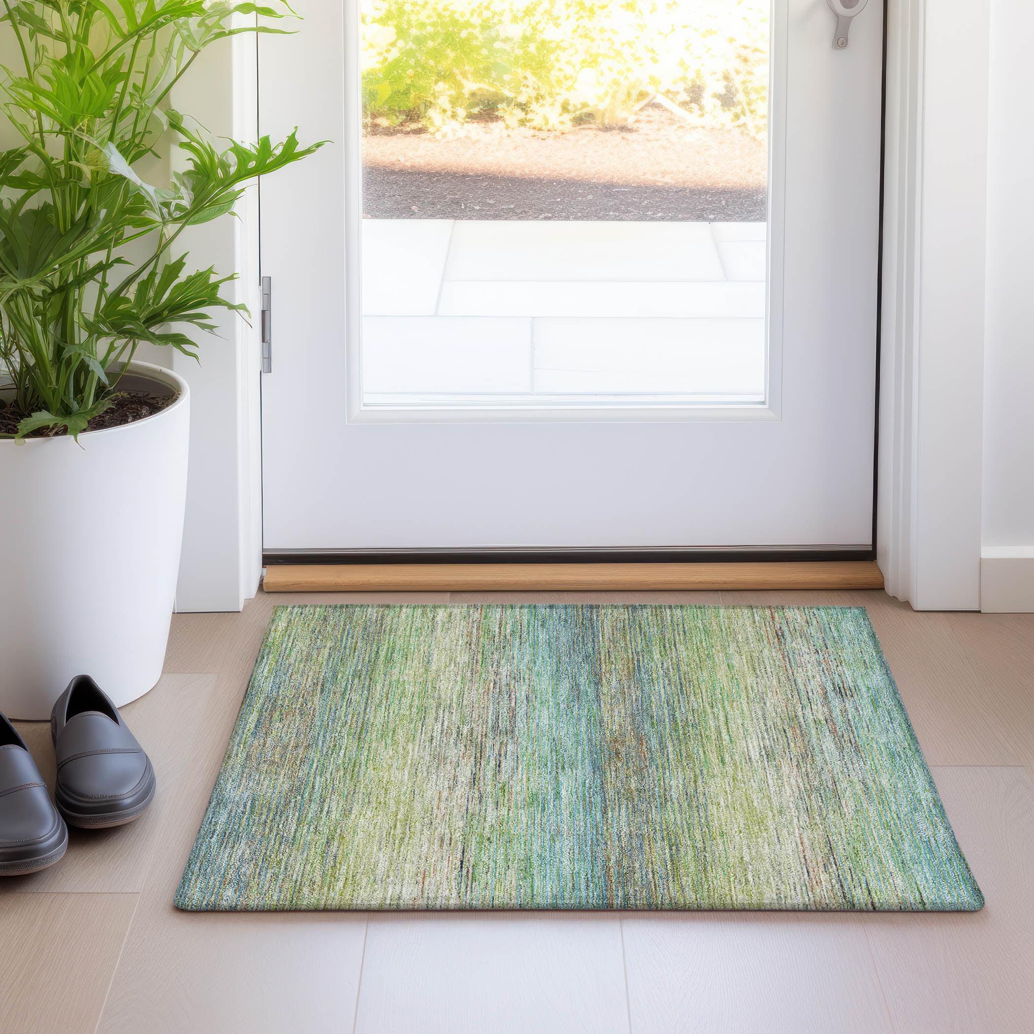 Machine Washable Green and Blue Synthetic Stripe Rug